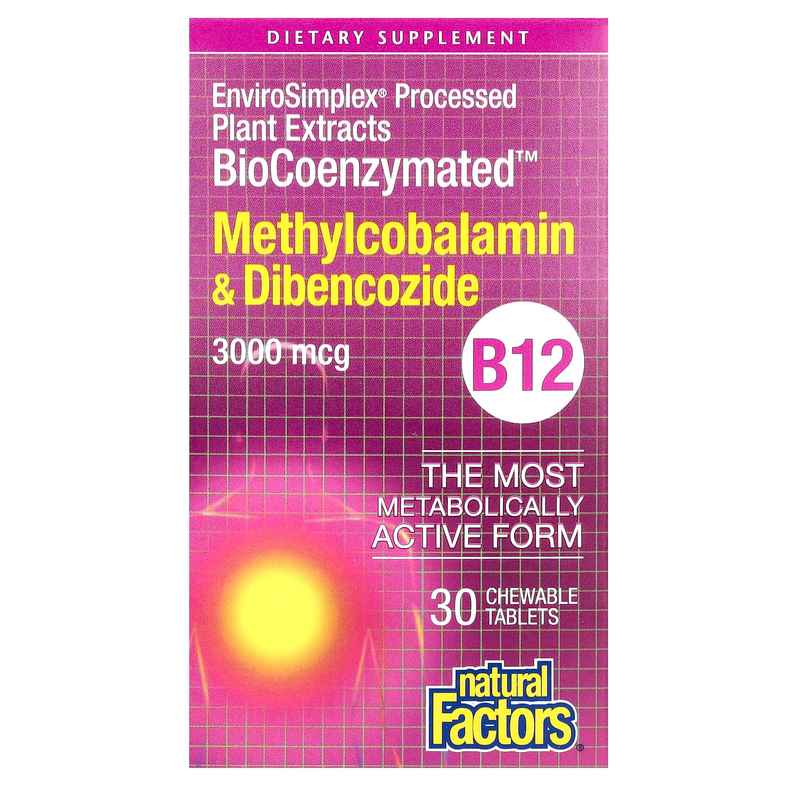 Natural Factors, BioCoenzymated, метилкобаламин и дибенкозид, витамин B12, 3000 мкг, 30 жевательных таблеток