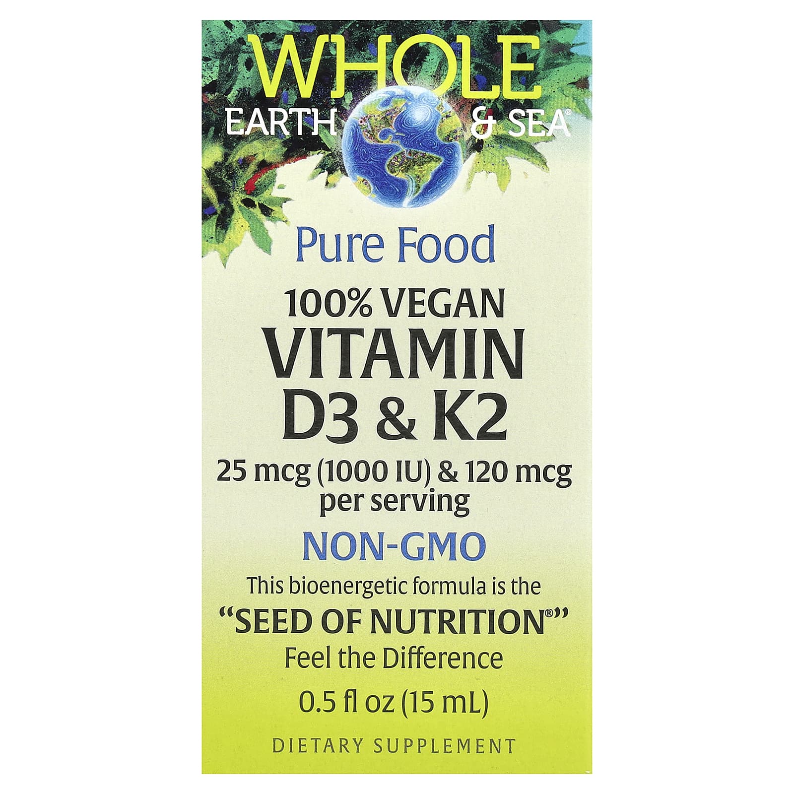 Natural Factors, Whole Earth Sea®, 100% веганские витамины D3 и K2, 15 мл (0,5 жидк. унц.)