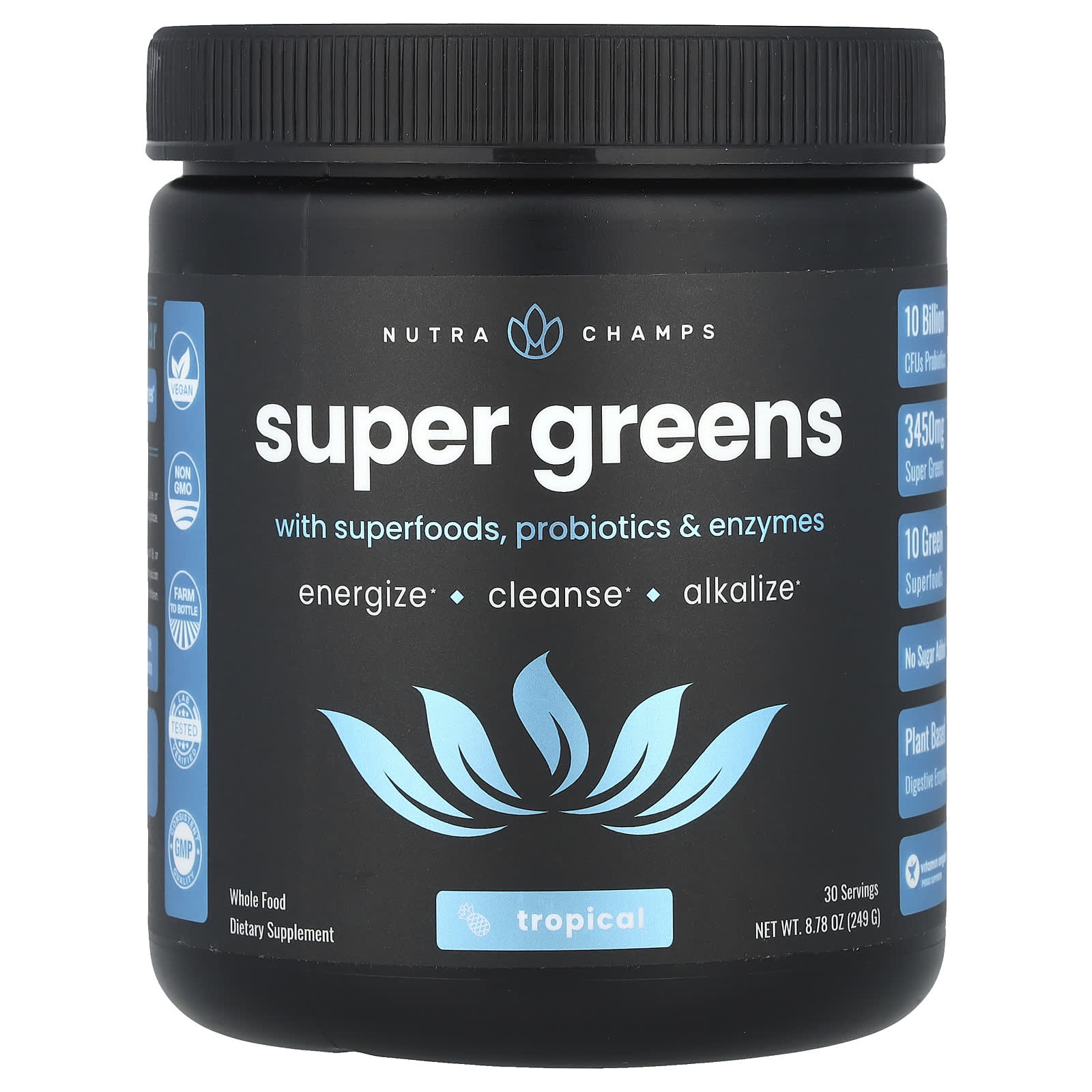 NutraChamps, Super Greens, с суперпродуктами, пробиотиками и ферментами, тропические фрукты, 249 г (8,87 унции)