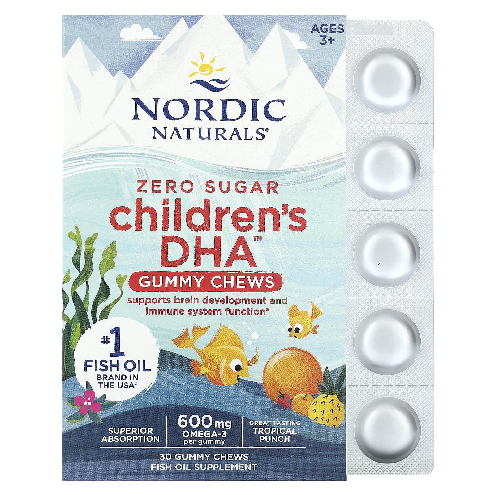 Nordic Naturals, Children's DHA, жевательные таблетки с ДГК, для детей от 3 лет, со вкусом тропических фруктов, 600 мг, 30 жевательных таблеток