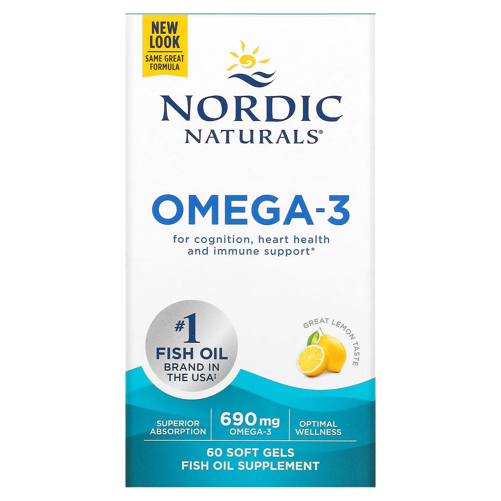 Nordic Naturals, омега-3, со вкусом лимона, 690 мг, 60 капсул (345 мг в 1 капсуле)