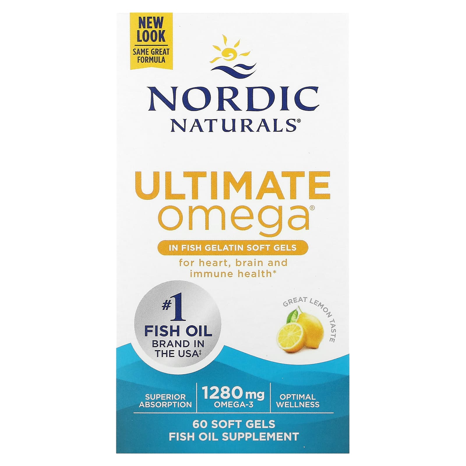 Nordic Naturals, Ultimate Omega, высокоэффективные омега-3 кислоты, со вкусом лимона, 1280 мг, 60 капсул из рыбьего желатина (640 мг в 1 капсуле)