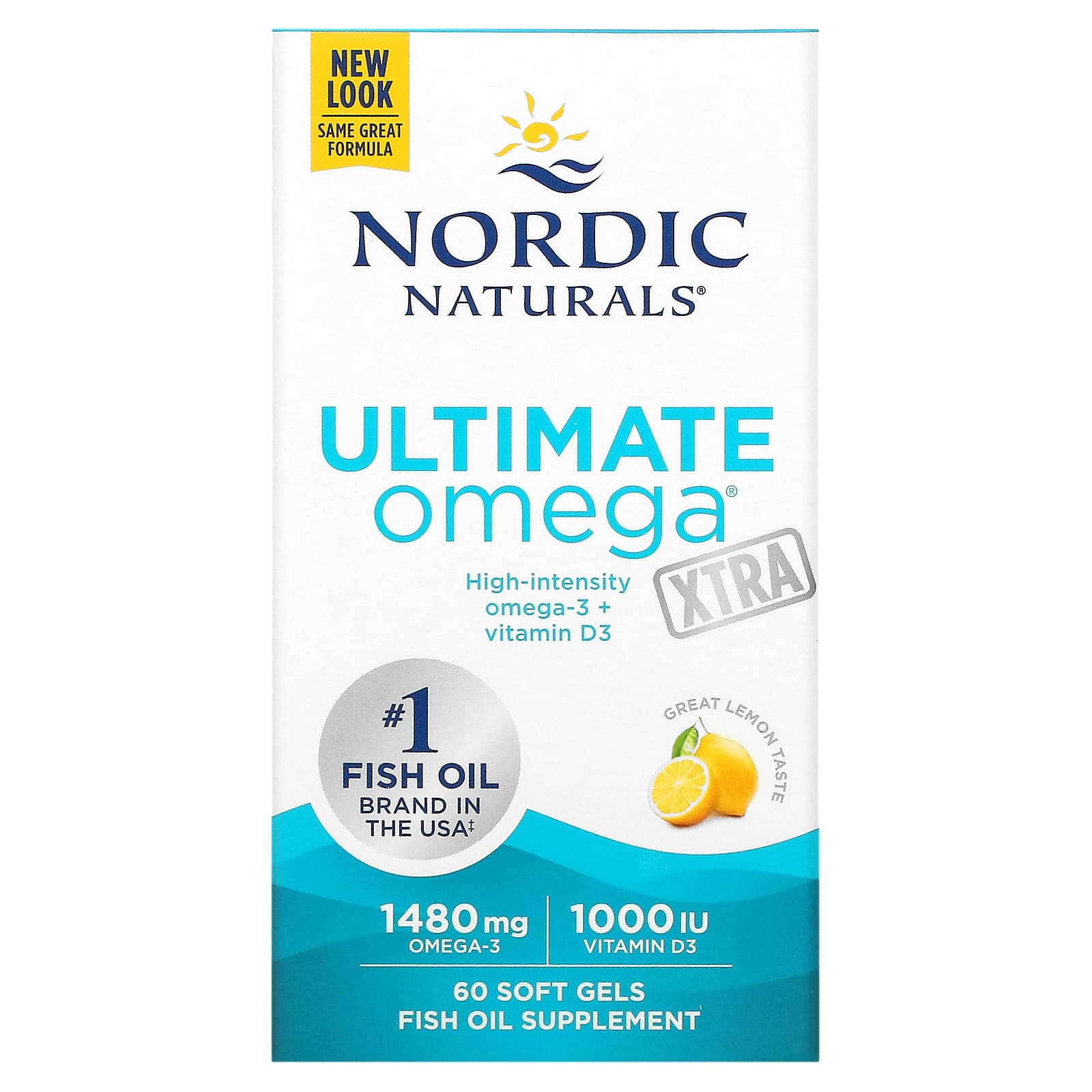 Nordic Naturals, Ultimate Omega Xtra, высокоэффективные омега-3 кислоты, со вкусом лимона, 1480 мг, 60 капсул (740 мг в 1 капсуле)