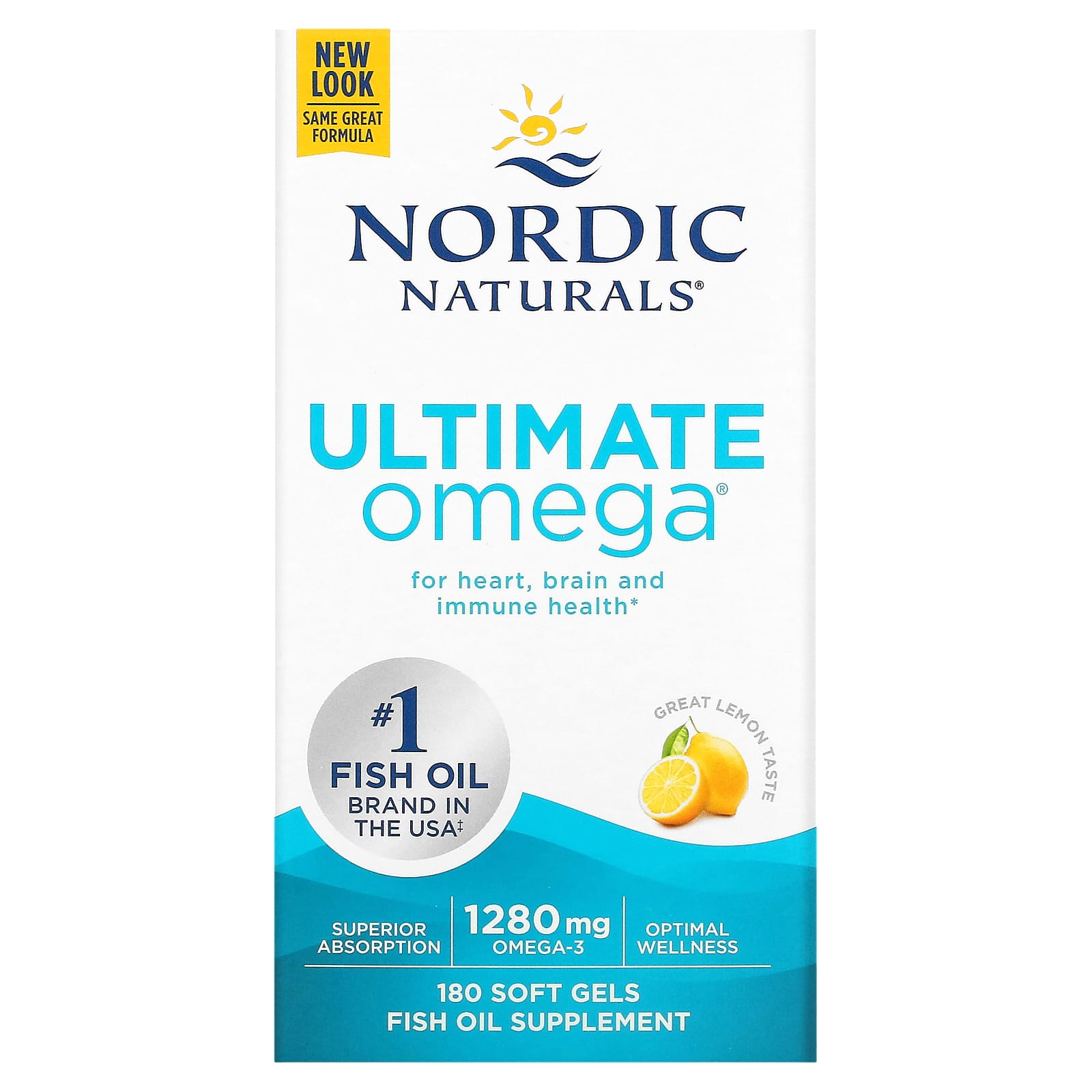 Nordic Naturals, Ultimate Omega, высокоэффективные омега-3 кислоты, со вкусом лимона, 1280 мг, 180 капсул (640 мг в 1 капсуле)