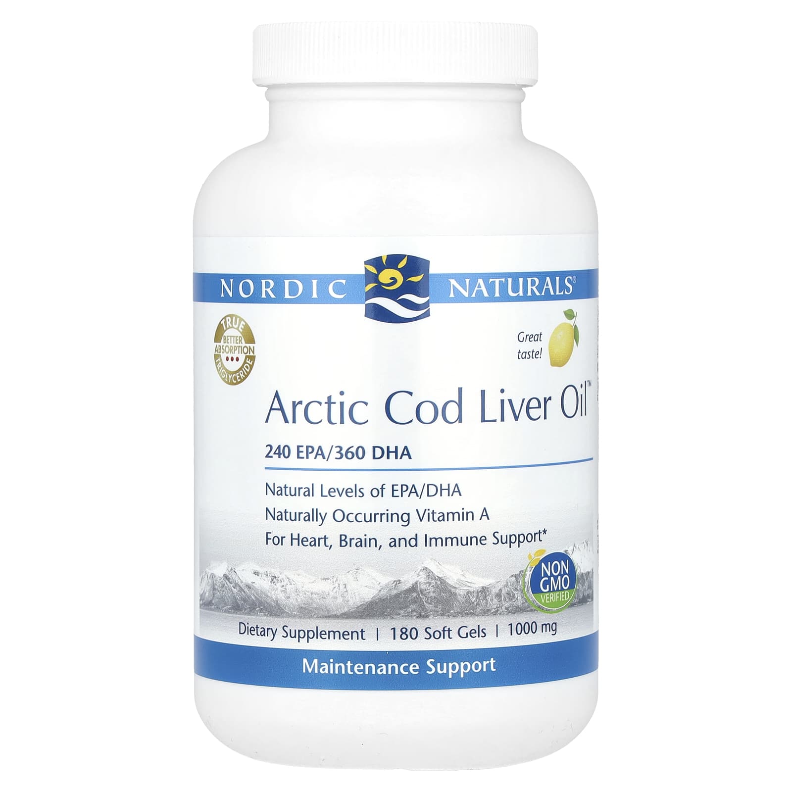 Nordic Naturals, Arctic Cod Liver Oil, жир печени арктической трески, с лимонным вкусом, 1000 мг, 180 мягких таблеток