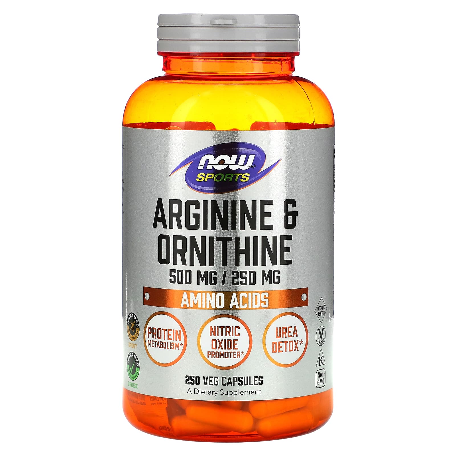 NOW Foods, Sports, аргинин и орнитин, 250 растительных капсул