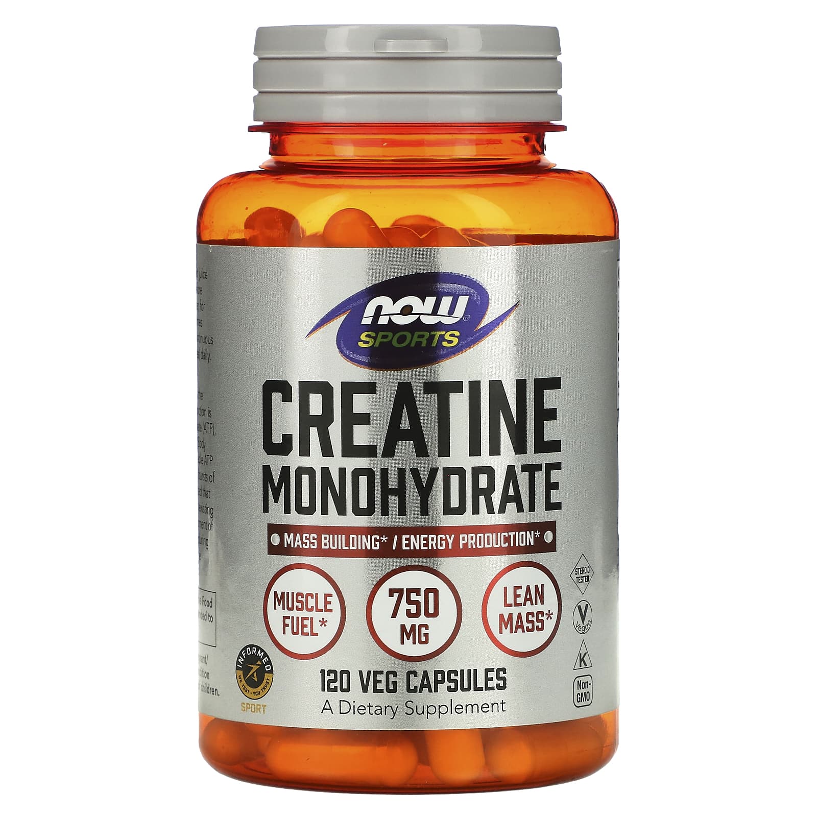 NOW Foods, Sports, моногидрат креатина, 4500 мг, 120 растительных капсул (750 мг в 1 капсуле)