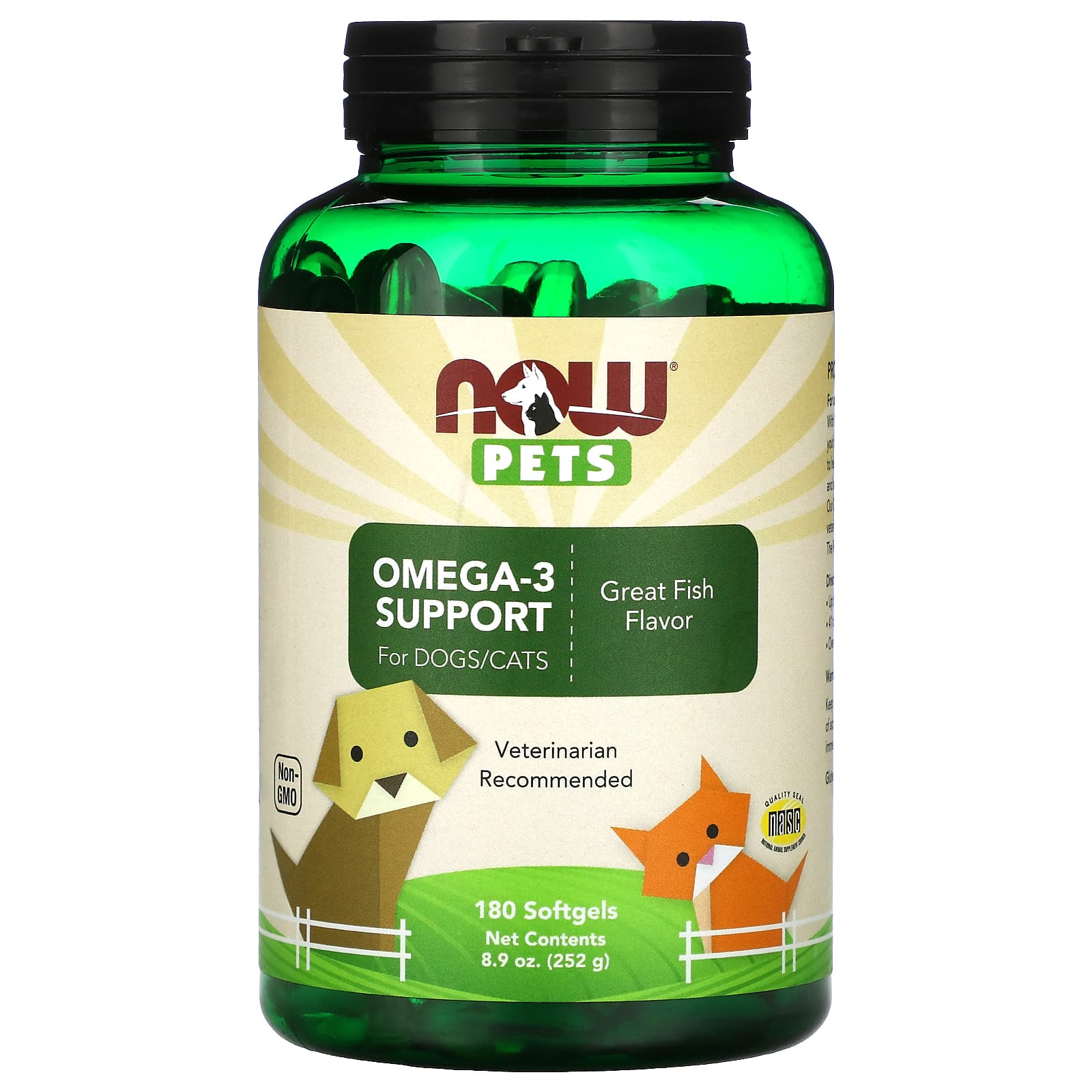 NOW Foods, Pets, омега-3 для собак и кошек, отличный рыбный вкус, 180 мягких таблеток, 252 г (8,9 унции)