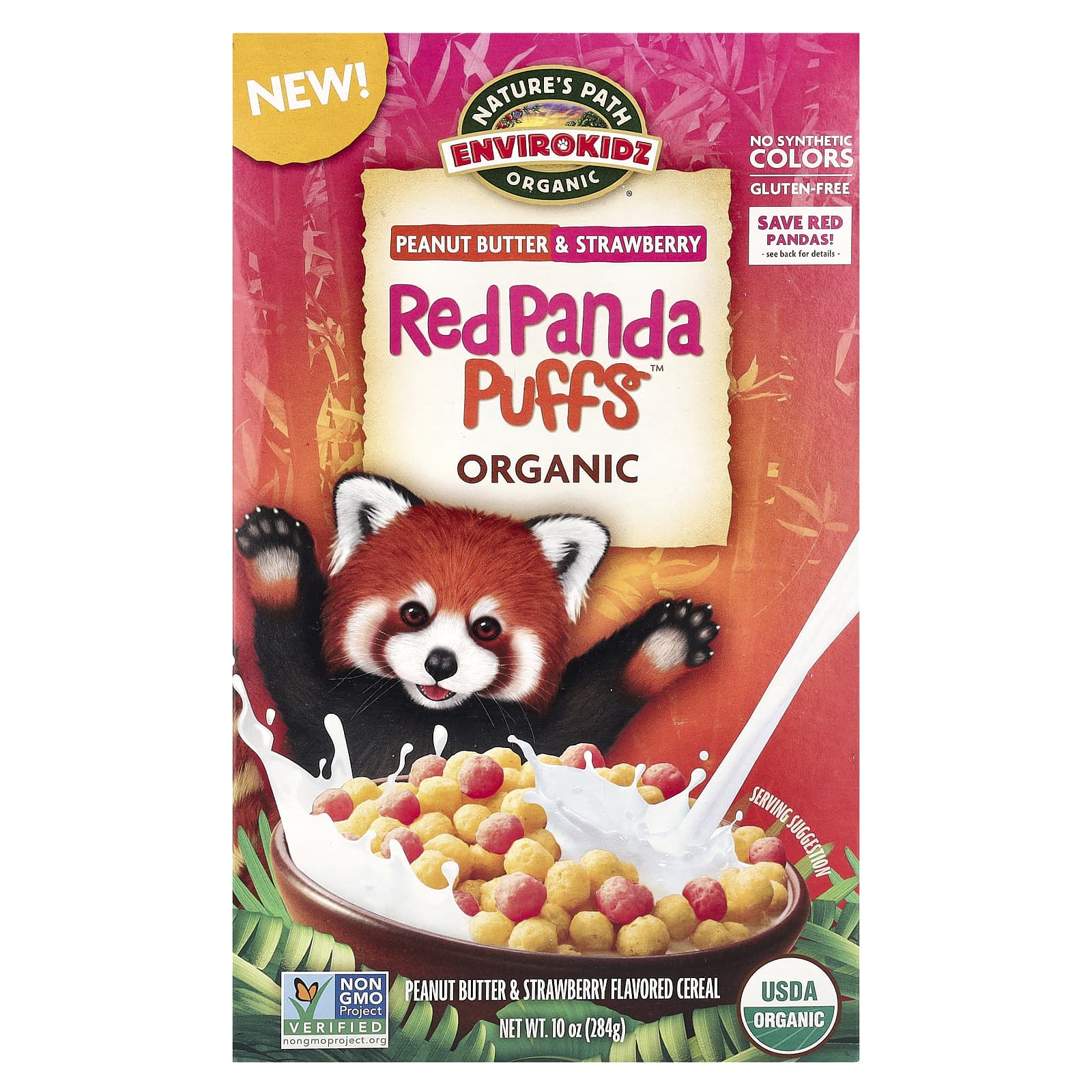 Nature's Path, Organic Red Panda Puffs ™, хлопья с арахисовым маслом и клубникой, 284 г (10 унций)