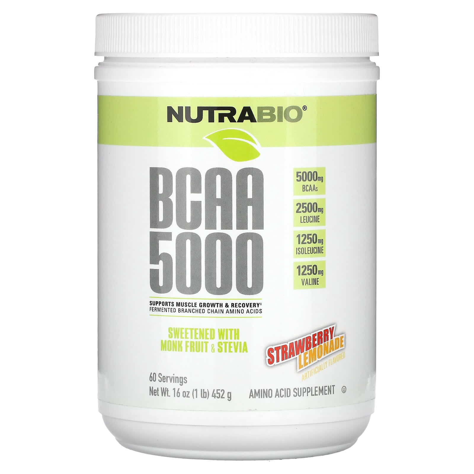 NutraBio, BCAA 5000, клубничный лимонад, 452 г (1 фунт)