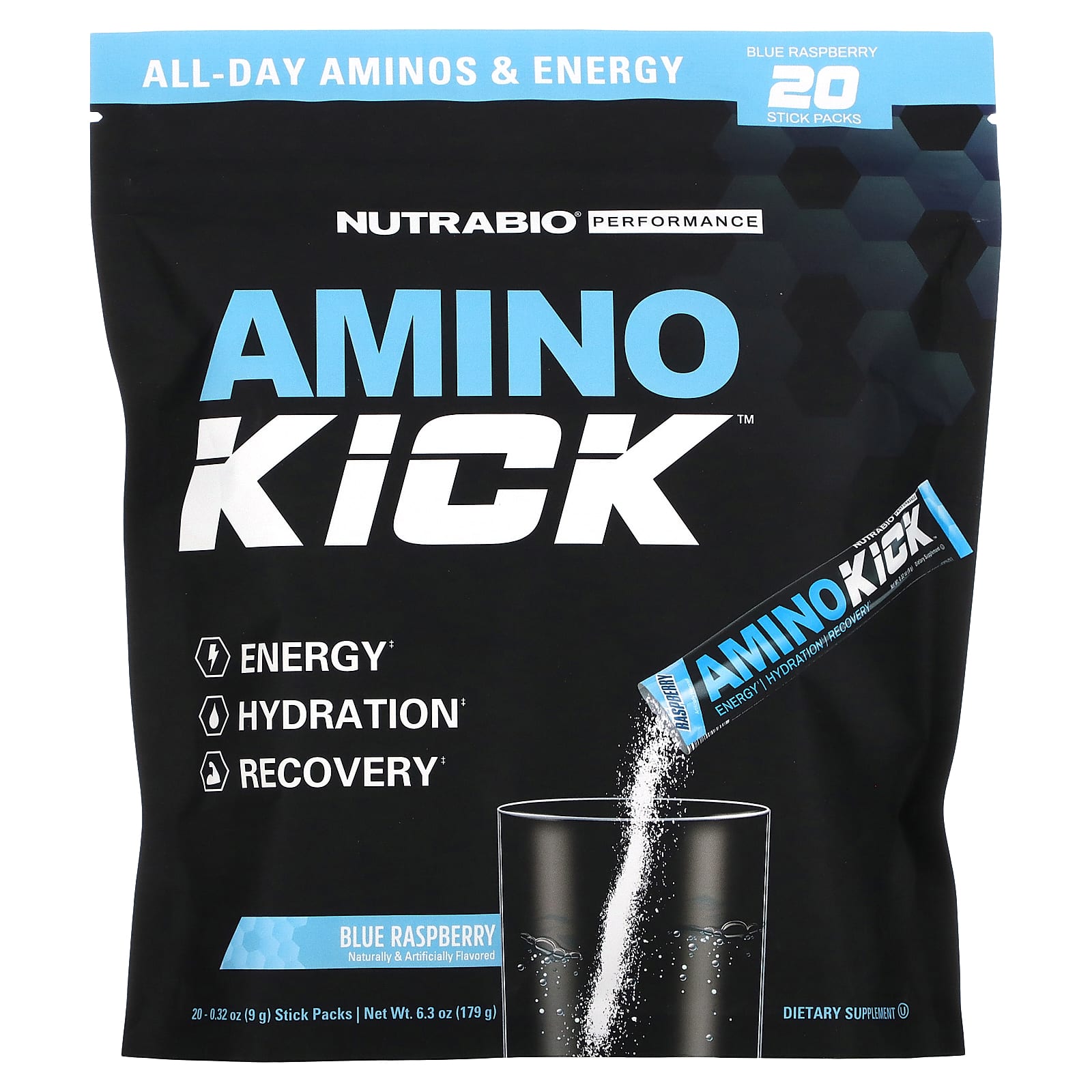 NutraBio, Amino Kick, голубая малина, 20 пакетиков по 9 г (0,32 унции)