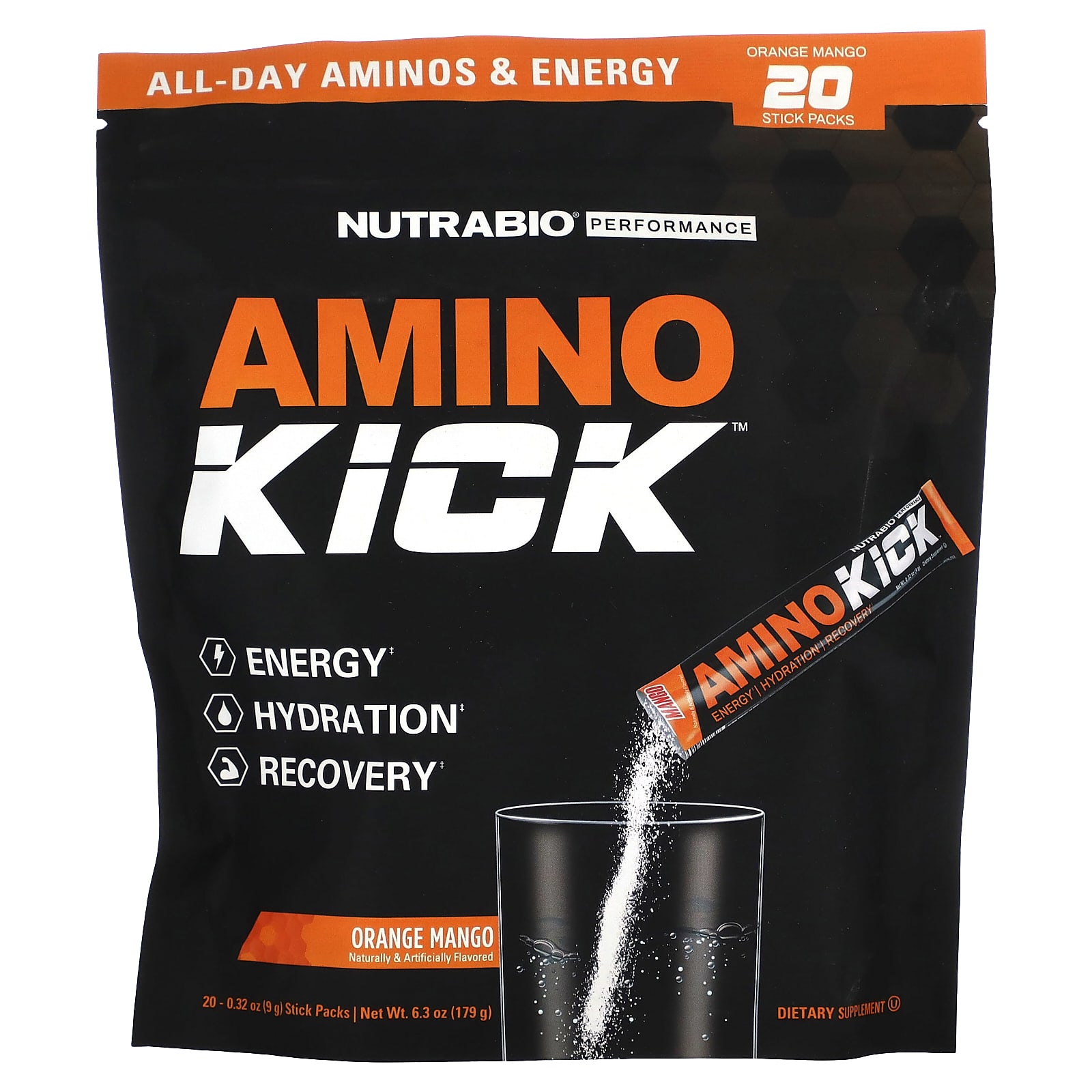 NutraBio, Amino Kick, апельсин и манго, 20 пакетиков по 9 г (0,32 унции)