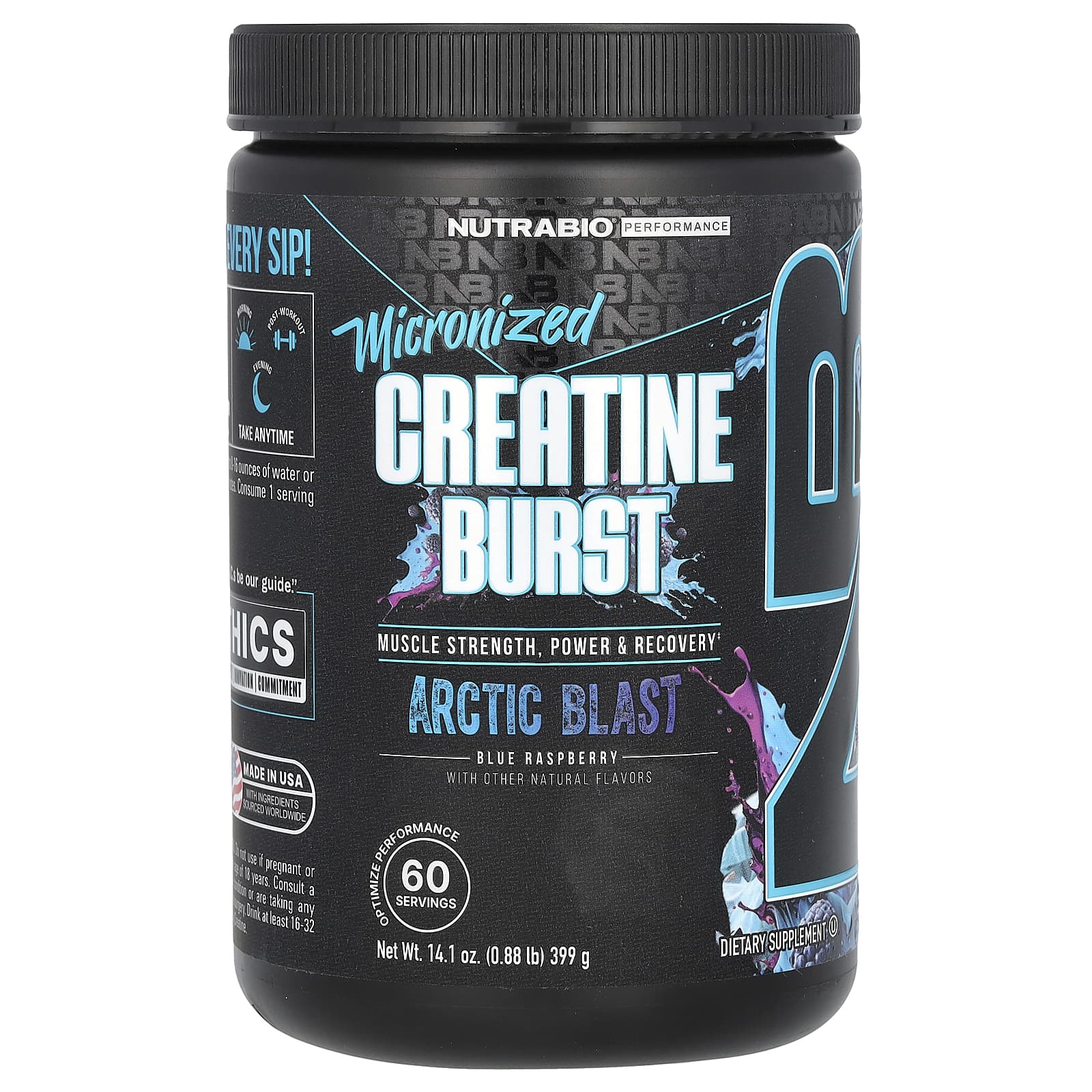 NutraBio, Micronized Creatine Burst, Arctic Blast с голубой малиной, 399 г (0,88 фунта)