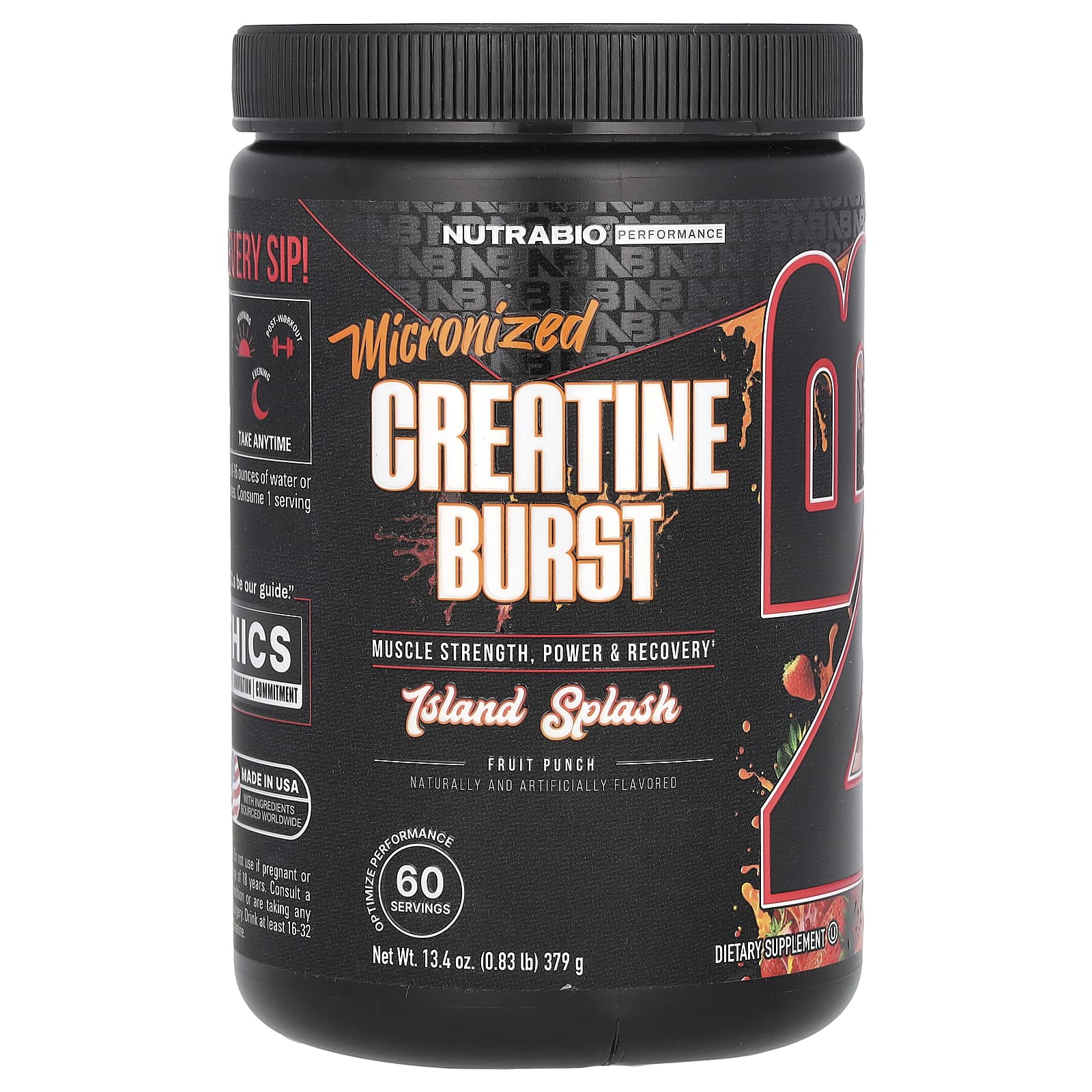 NutraBio, Micronized Creatine Burst, фруктовый пунш Island Splash, 379 г (0,83 фунта)