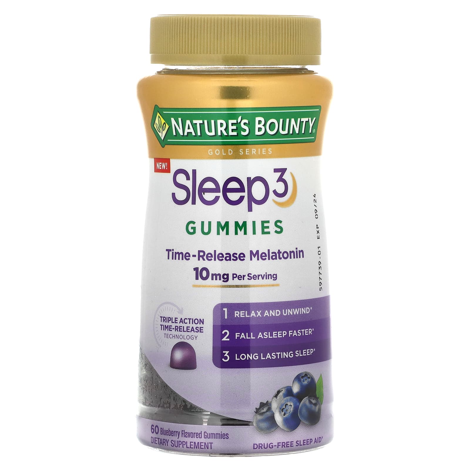 Nature's Bounty, Sleep 3 жевательные таблетки, со вкусом голубики, 10 мг, 60 жевательных таблеток (5 мг в 1 жевательной таблетке)