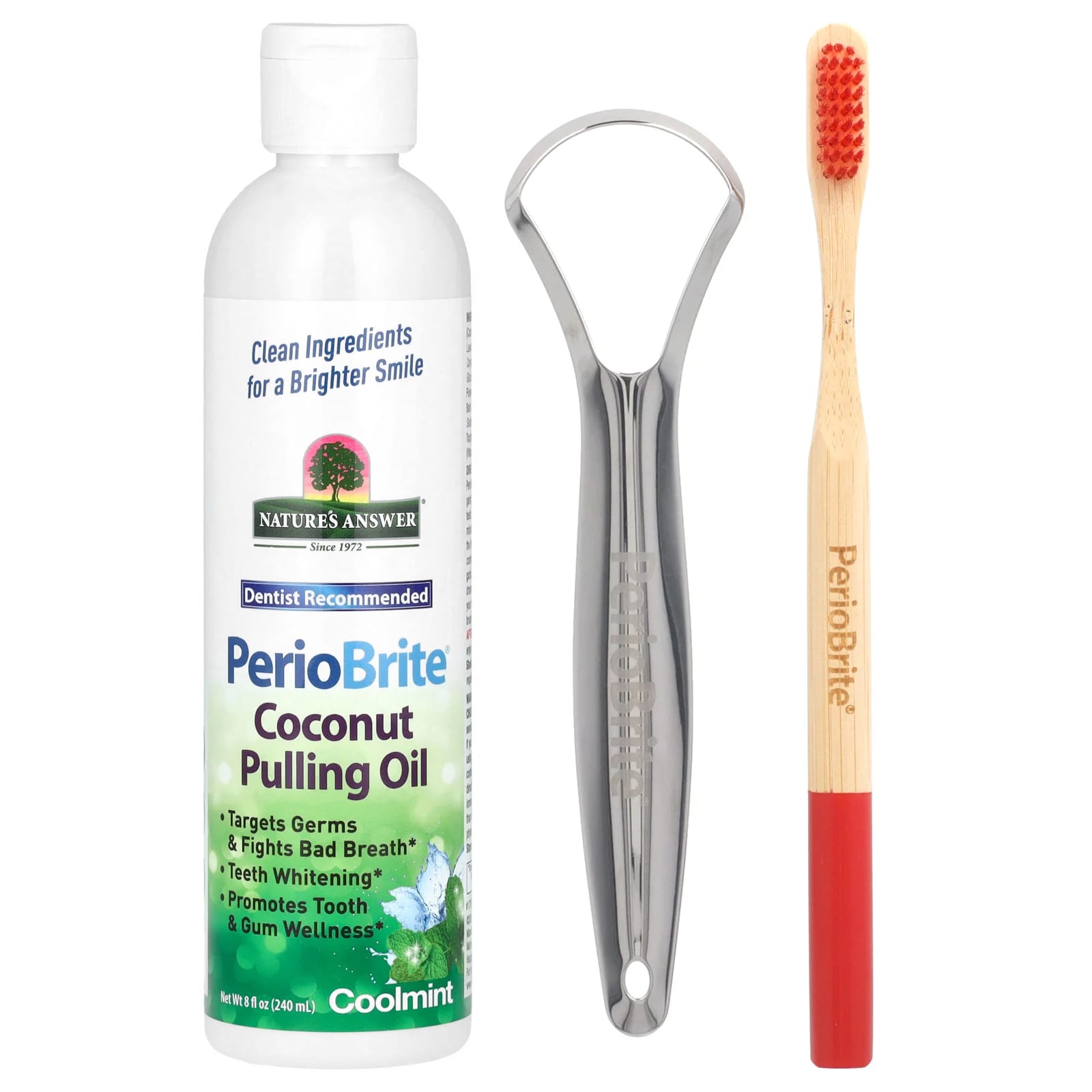 Nature's Answer, PerioBrite кокосовое масло для вытягивания со скребком для зубов и языка, холодная мята, 240 мл (8 жидк. Унций)
