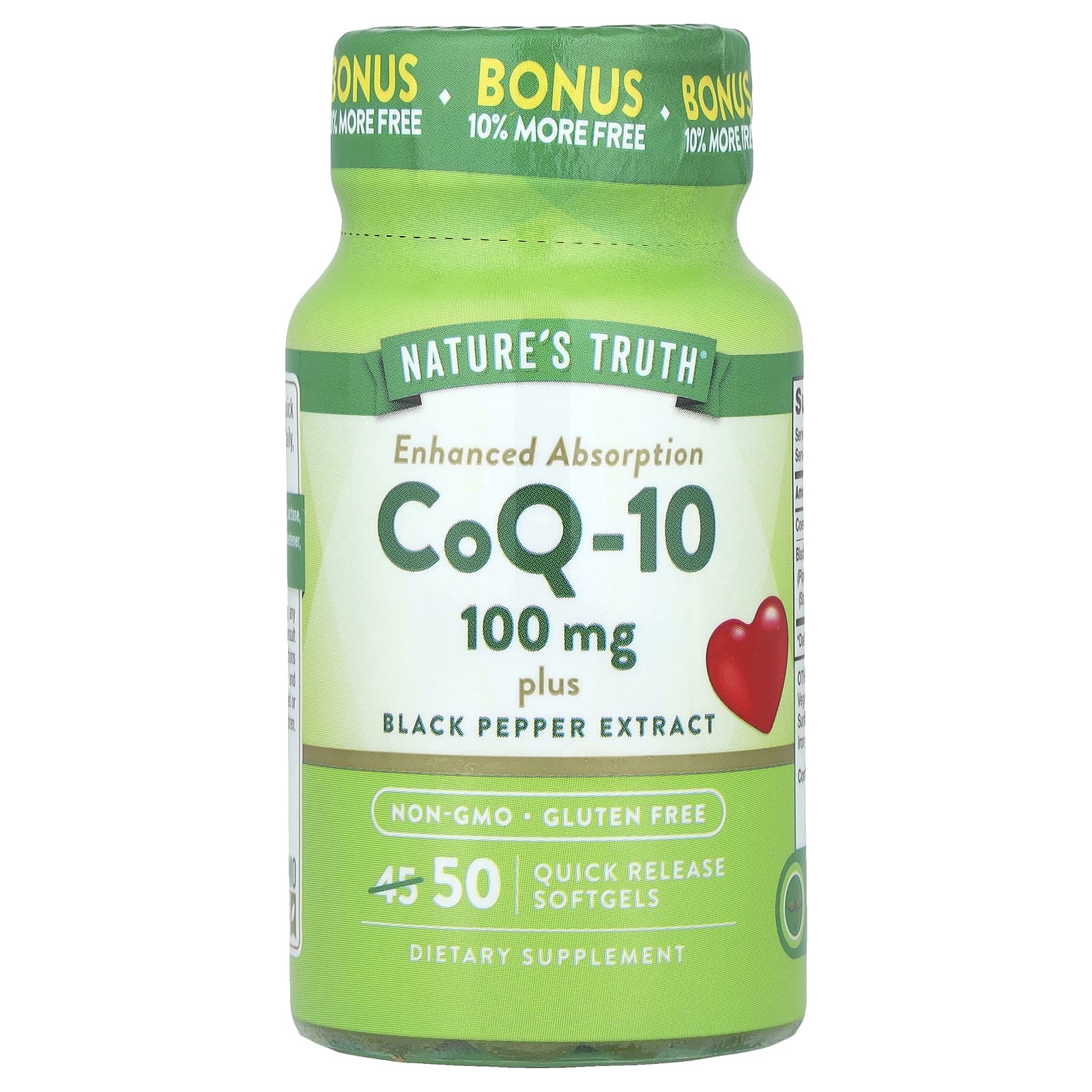 Nature's Truth, CoQ-10, улучшенное усвоение, с экстрактом черного перца, 50 капсул быстрого высвобождения