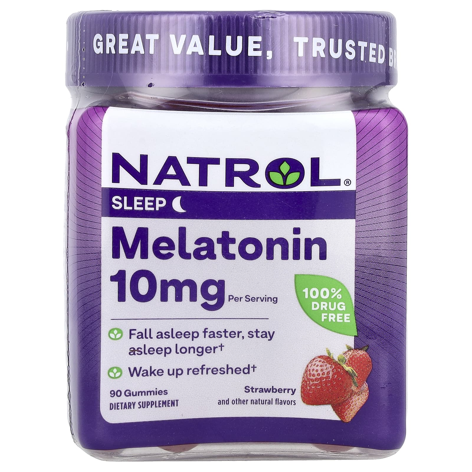 Natrol, жевательная добавка с мелатонином, со вкусом клубники, 10 мг, 90 жевательных таблеток (5 мг в 1 таблетке)