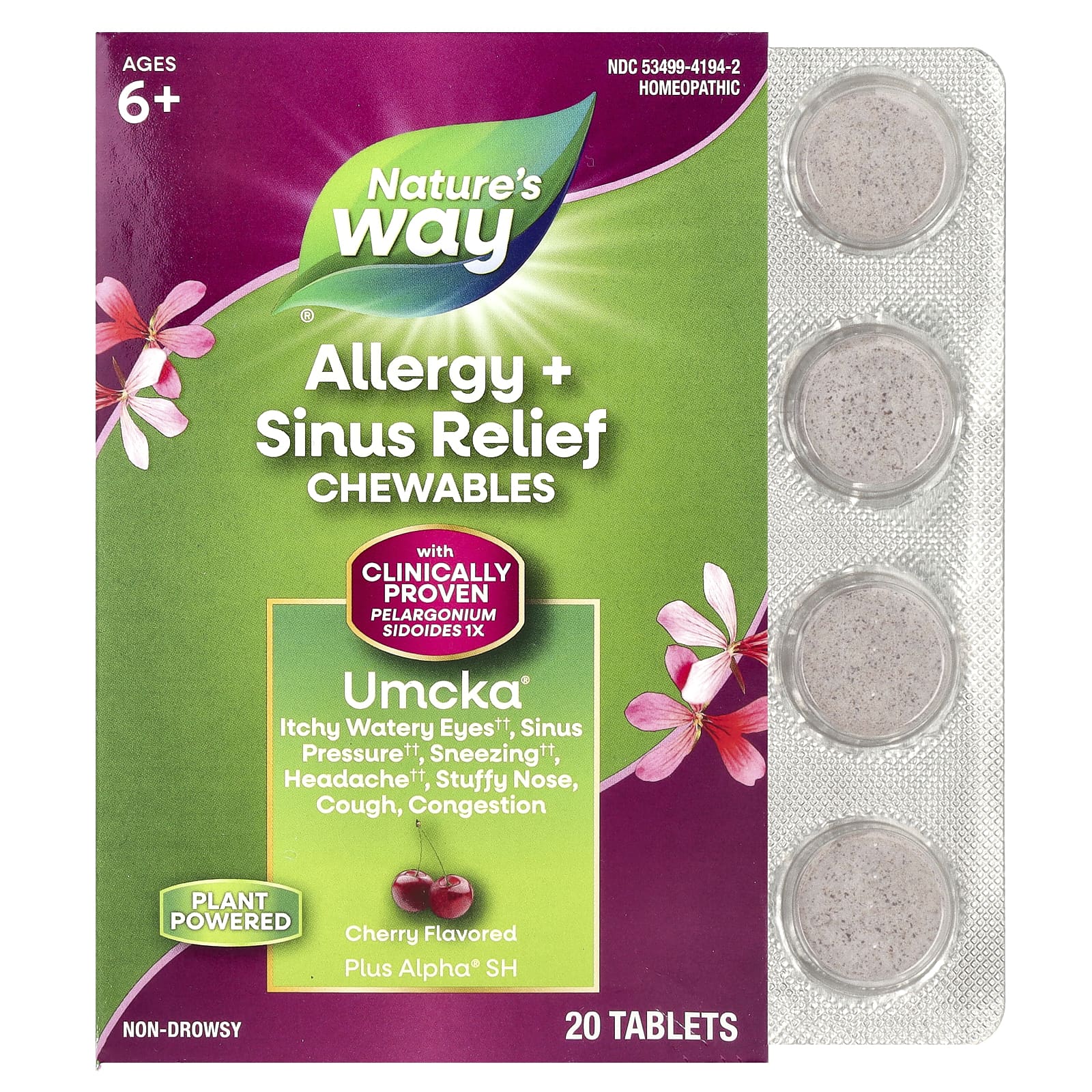 Nature's Way, Umcka, Allergy + Sinus, вишня, 20 таблеток