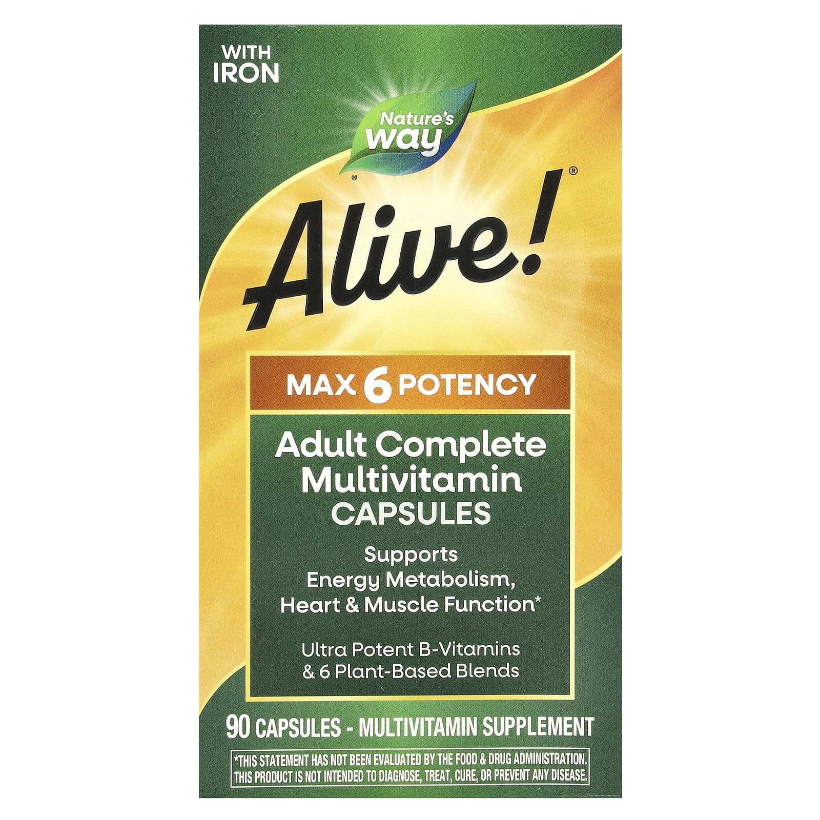 Nature's Way, Alive! ® Max 6 Potency, полный мультивитаминный комплекс для взрослых, с железом, 90 капсул