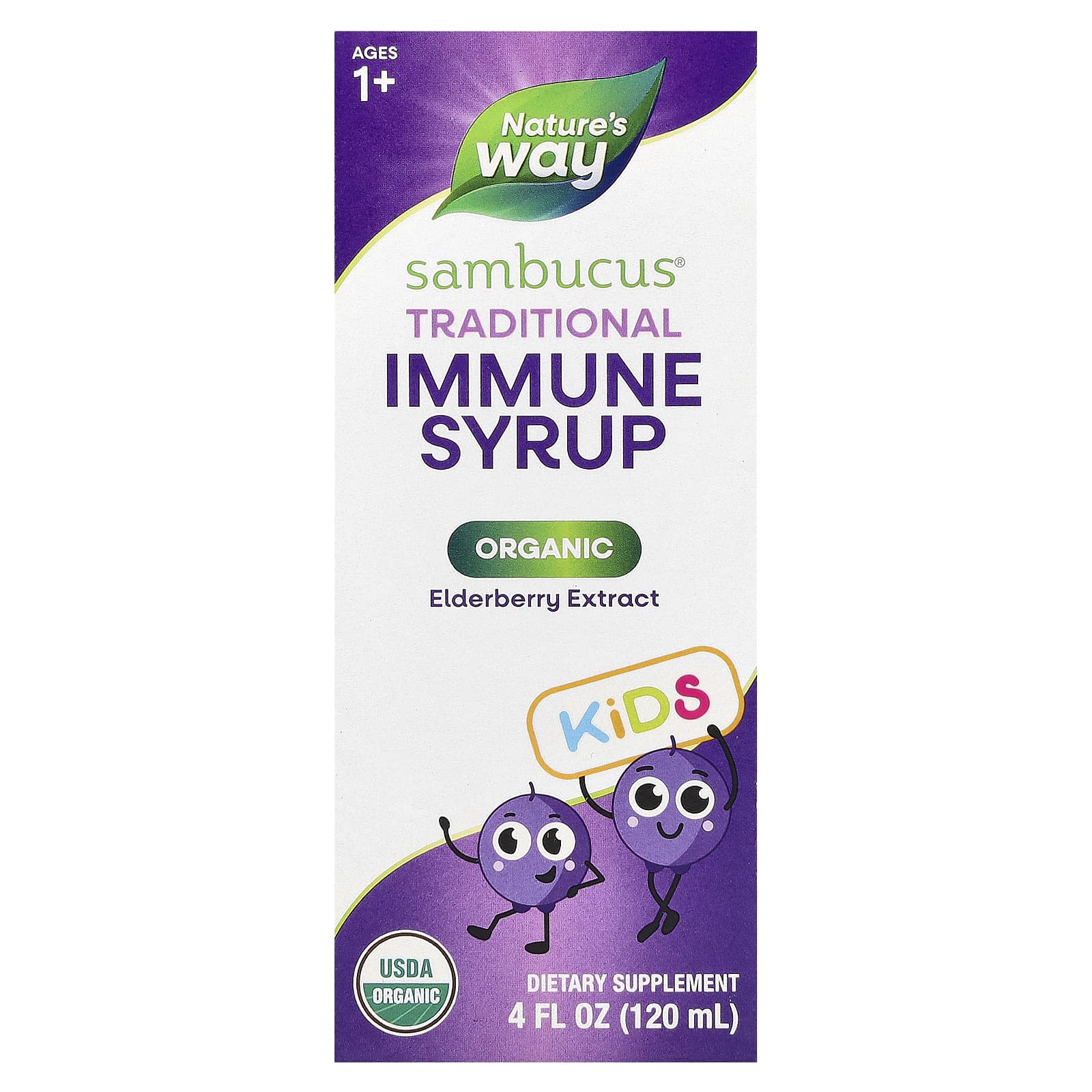 Nature's Way, Kids Sambucus®, традиционный органический сироп для поддержки иммунитета, для детей от 1 года, 120 мл (4 жидк. унции)