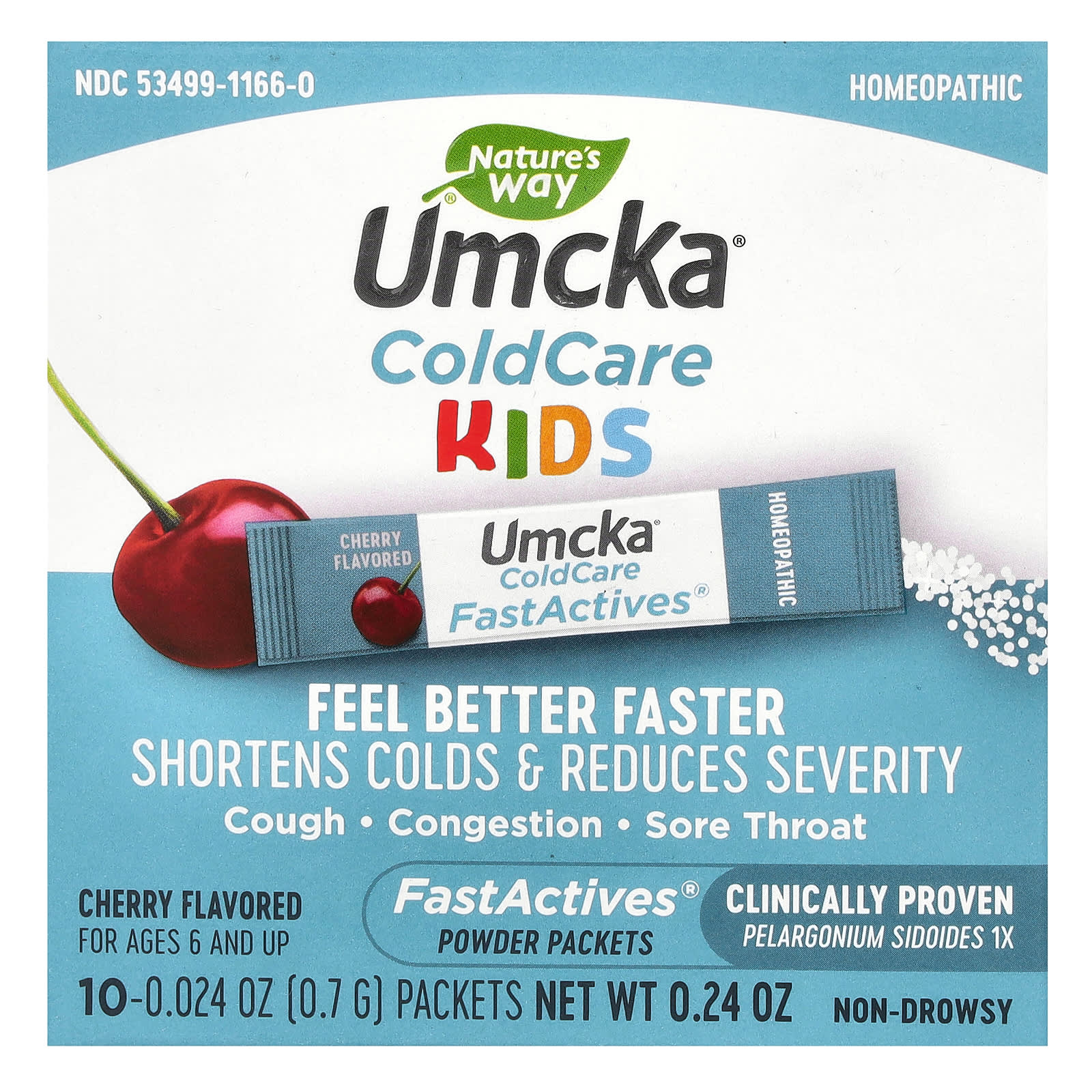 Nature's Way, Umcka, ColdCare Kids, FastActives, для детей от 6 лет, с вишневым вкусом, 10 пакетиков с порошком