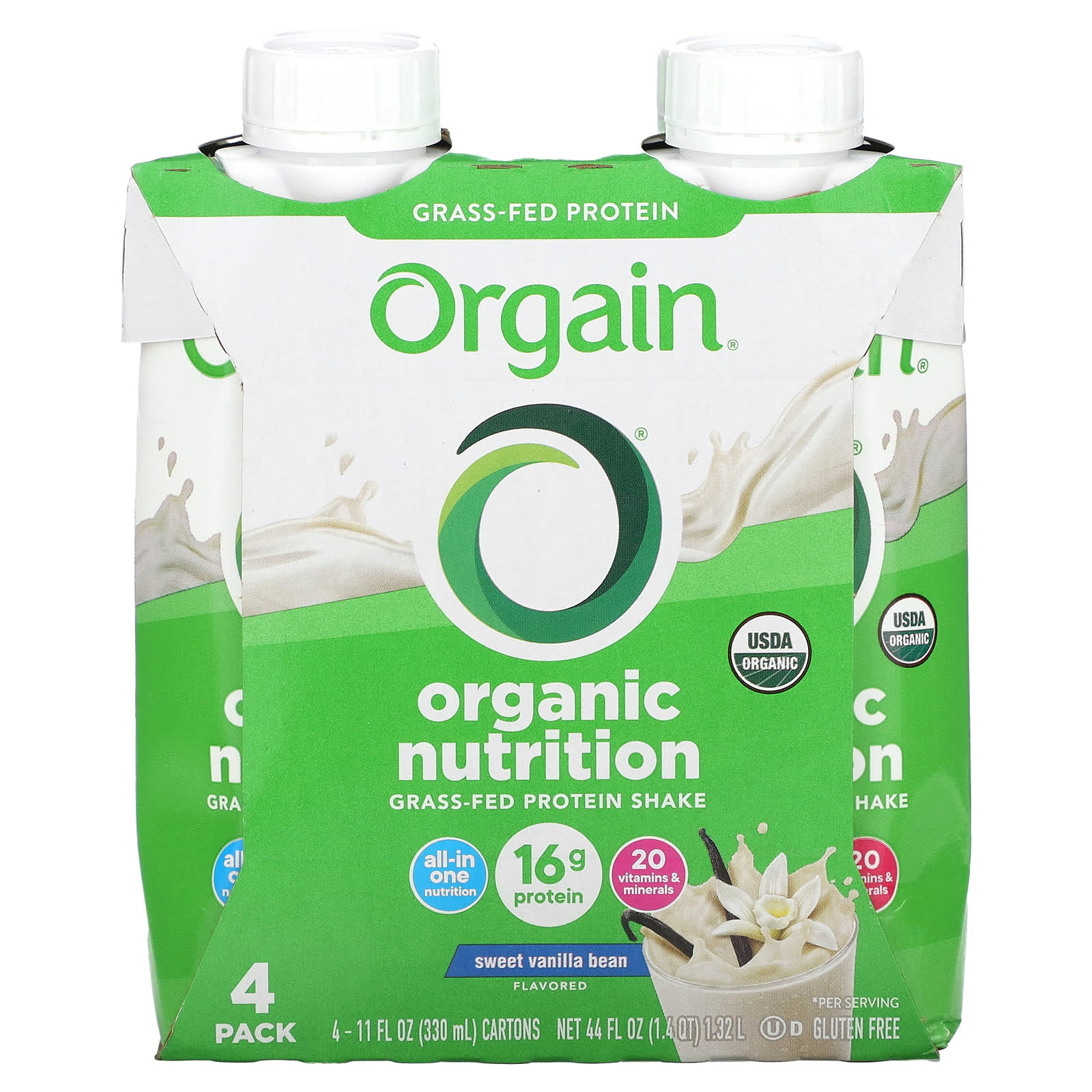 Orgain, Organic Nutrition, протеиновый коктейль из молока коров травяного откорма, со вкусом сладкой ванили, 4 пакетика по 330 мл (11 жидк. унций)