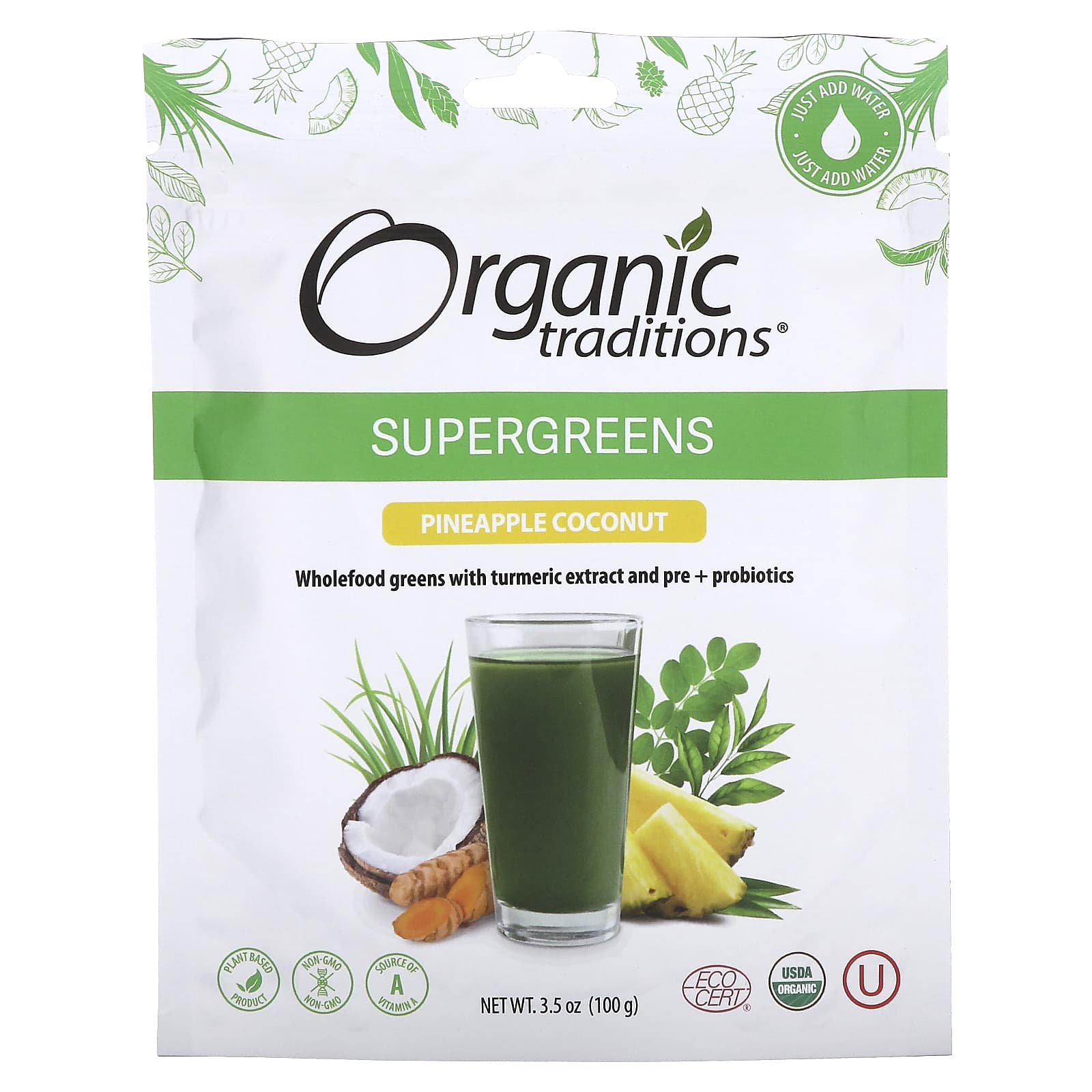 Organic Traditions Supergreens ананас и кокос 100 г 35 унции 2390₽