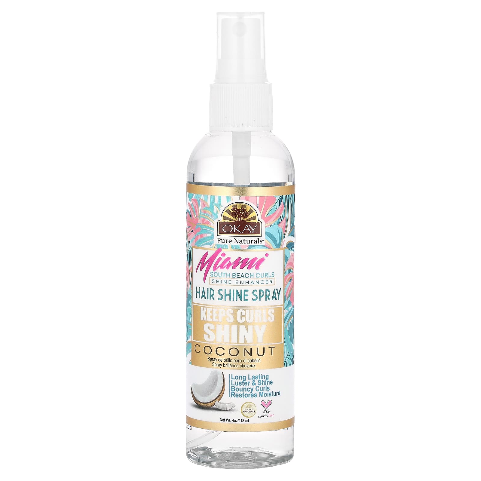 Okay Pure Naturals, Майами Саут-Бич Curls, Shine Enhancer, спрей для блеска волос, кокос, 118 мл (4 унции)