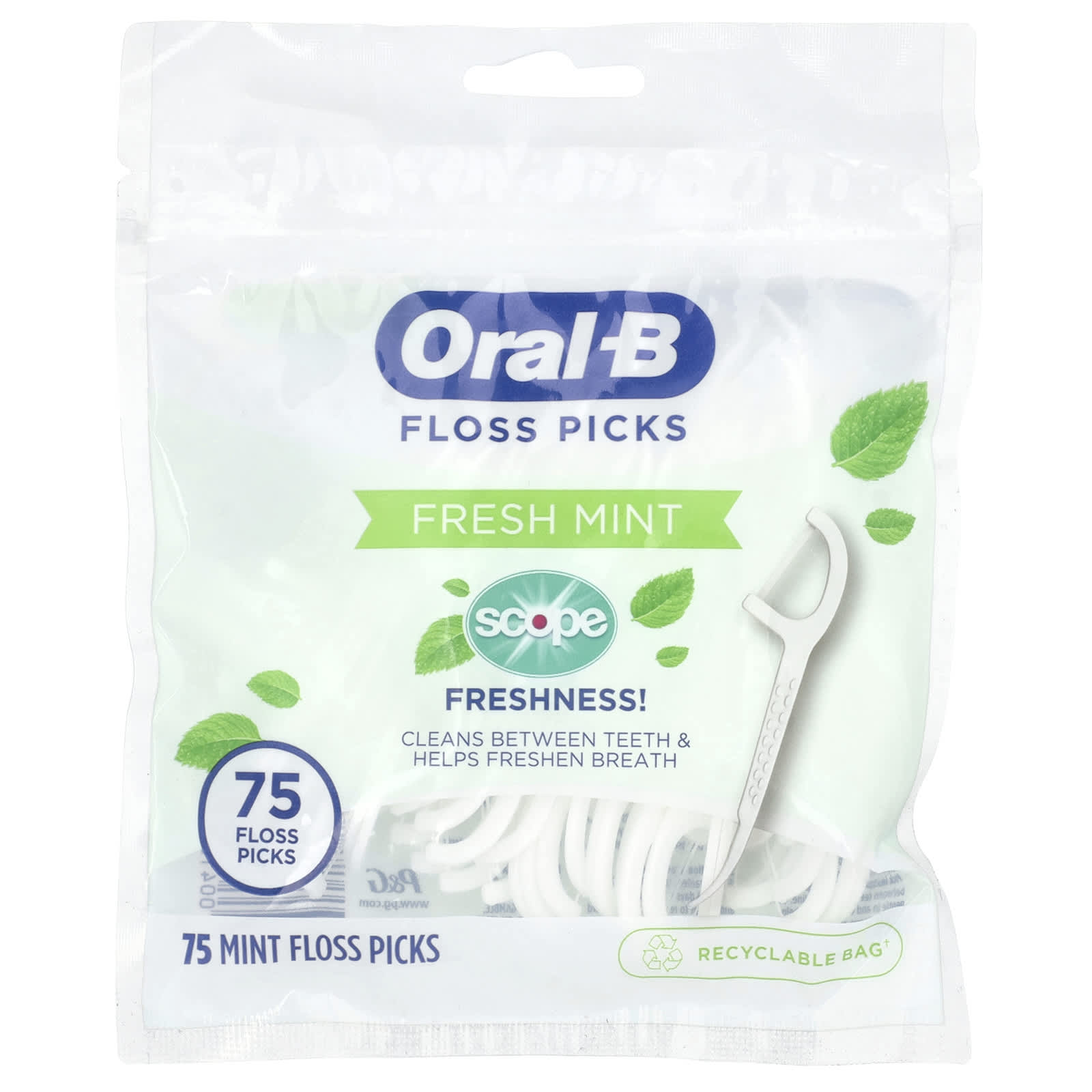 Oral-B, Scope Floss Picks, свежая мята, 75 зубочисток