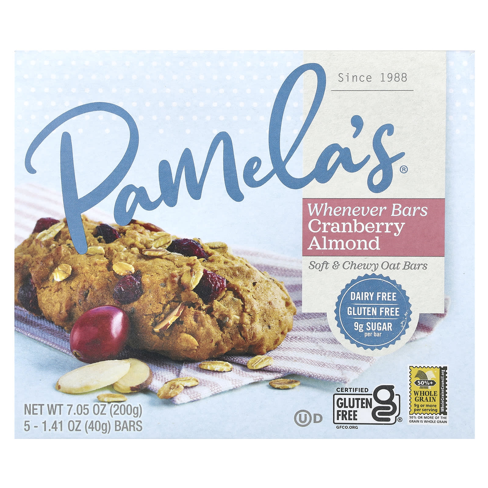 Pamelas Products Wheever Bars овсяные батончики с клюквой и миндалем 5 батончиков по 40 г 141 унции 1990₽