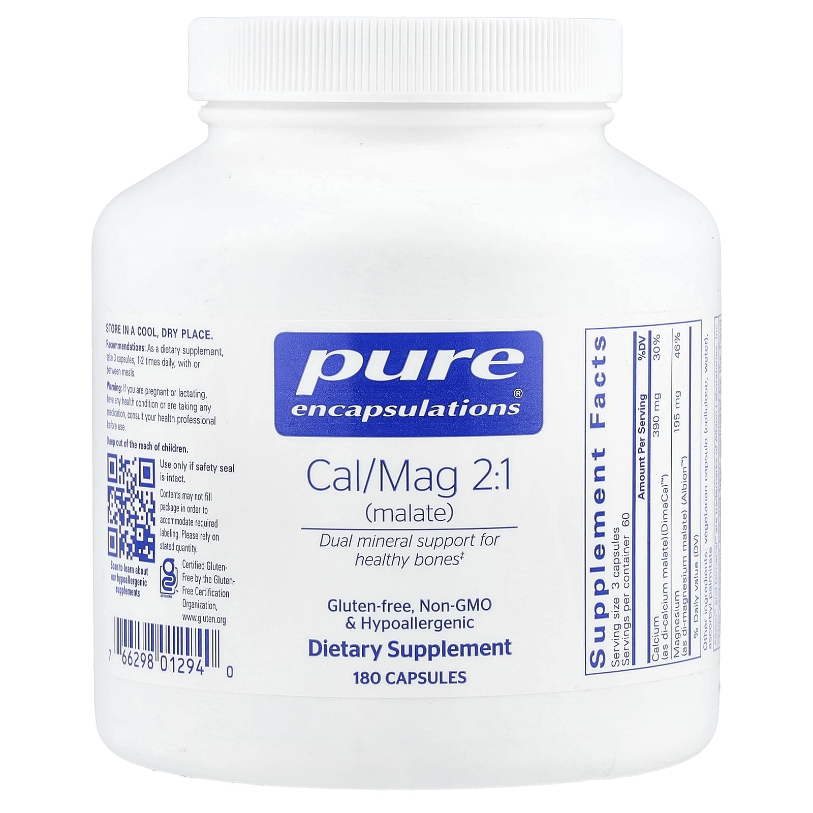 Pure Encapsulations, Cal / Mag 2: 1 (малат), 180 капсул