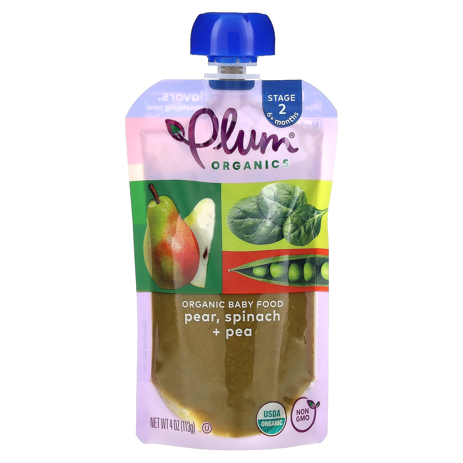 Plum Organics, органическое детское питание, от 6 месяцев, груша, шпинат и горох, 113 г (4 унции)