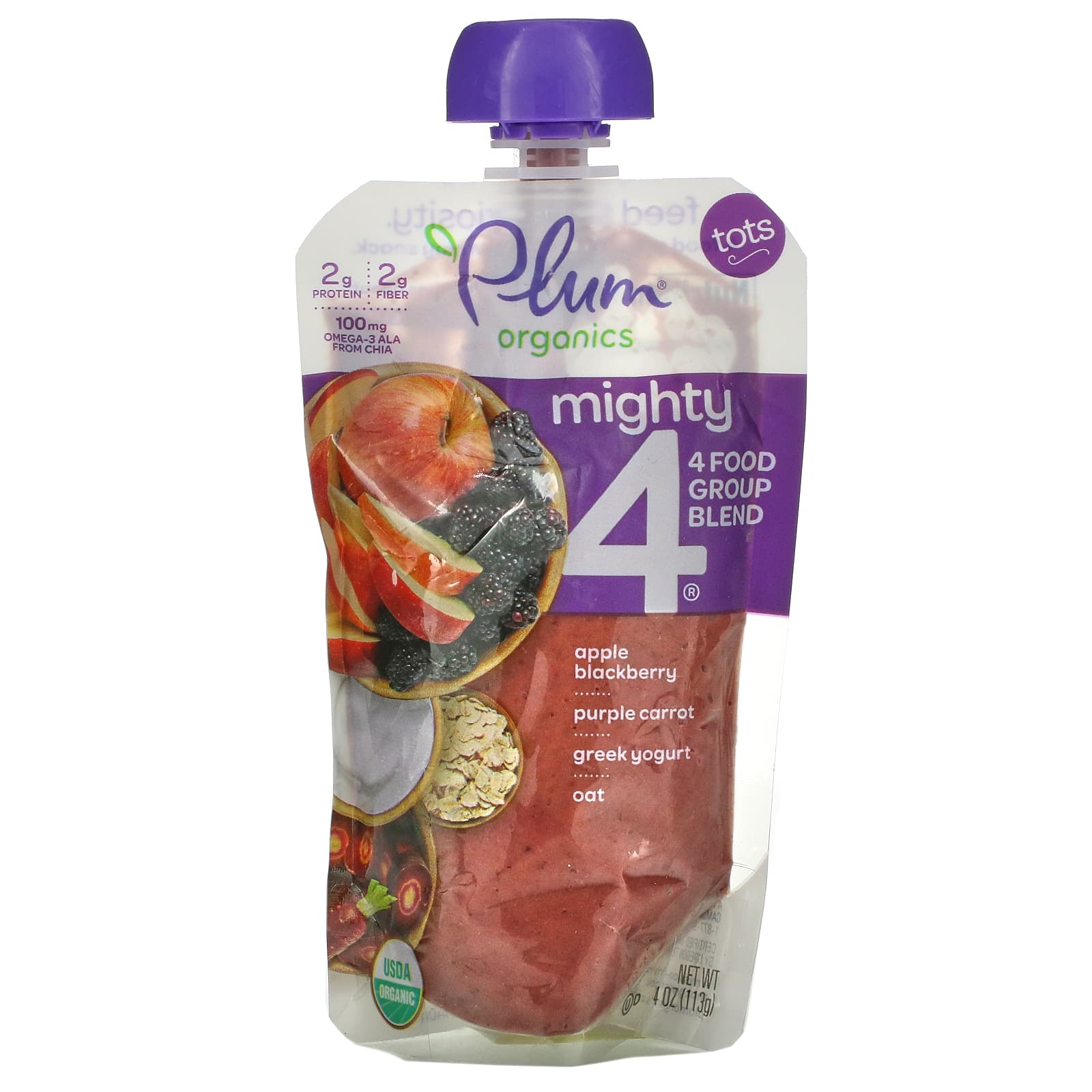 Plum Organics Mighty 44 Food Group Blend смесь для малышей яблоко ежевика пурпурная морковь греческий йогурт овес 113 г 4 унции 1390₽