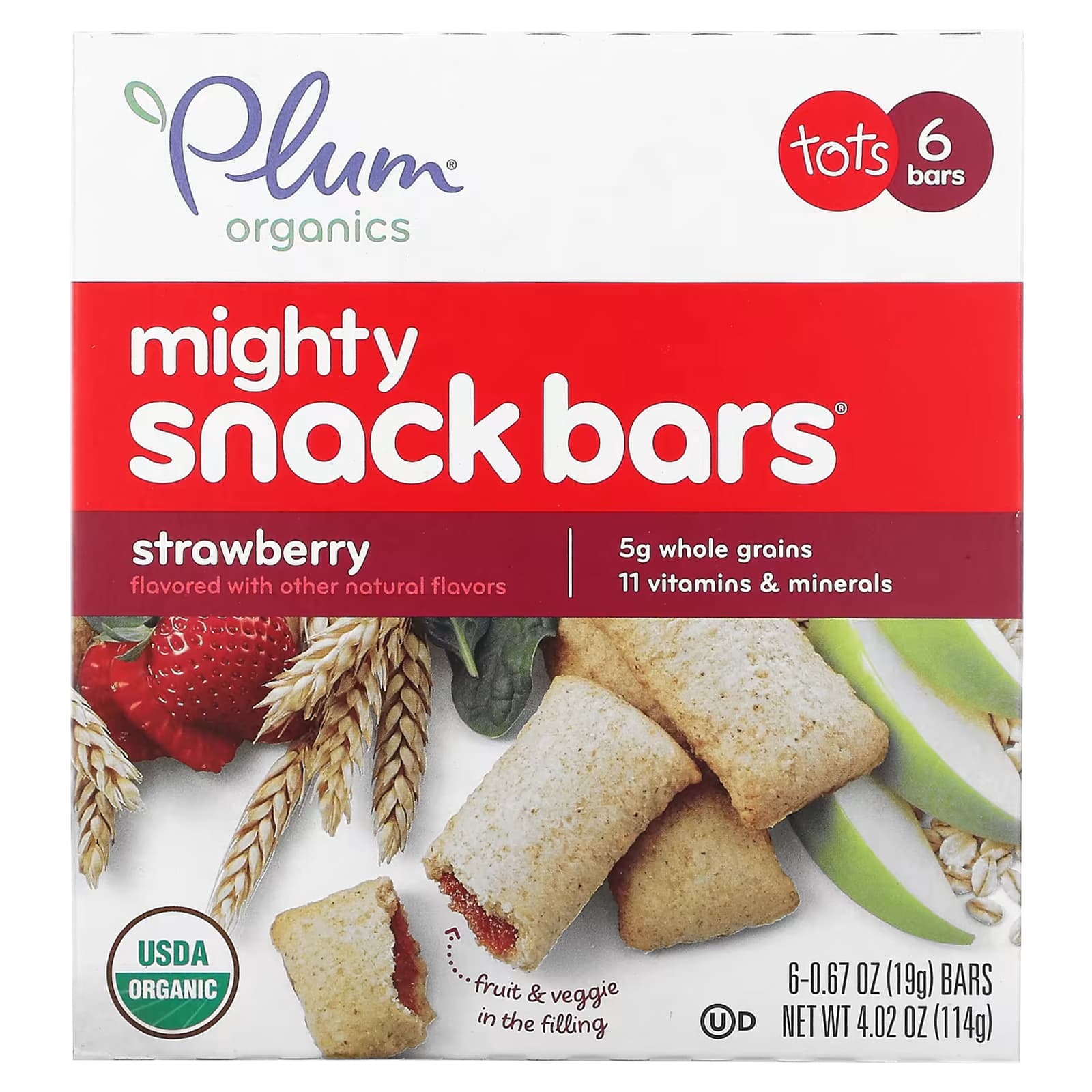 Plum Organics, Mighty Snack Bars, для малышей, клубничный вкус, 6 батончиков по 19 г (0,67 унции)