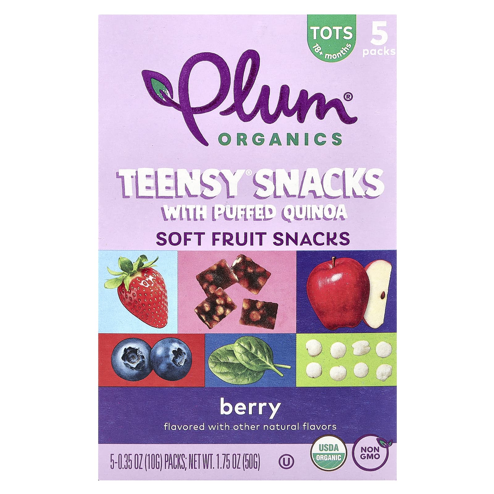 Plum Organics, Teensy Snacks с воздушной киноа, снеки из мягких фруктов, для детей от 18 месяцев, ягоды, 5 упаковок по 10 г (0,35 унции)