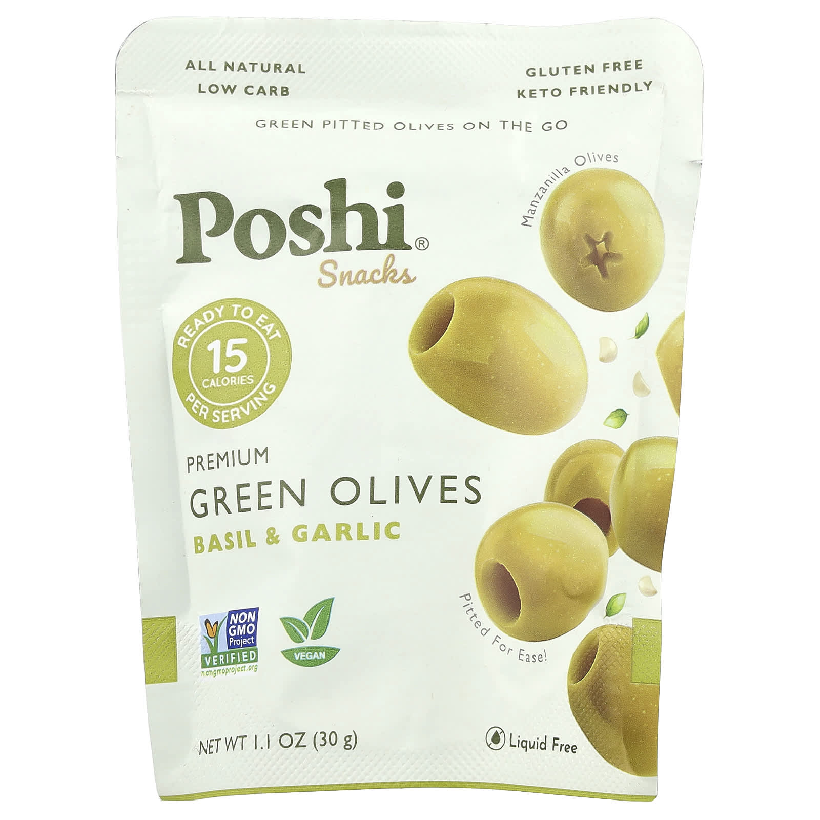 Poshi Snacks зеленые оливки премиального качества базилик и чеснок 30 г 11 унции 1390₽