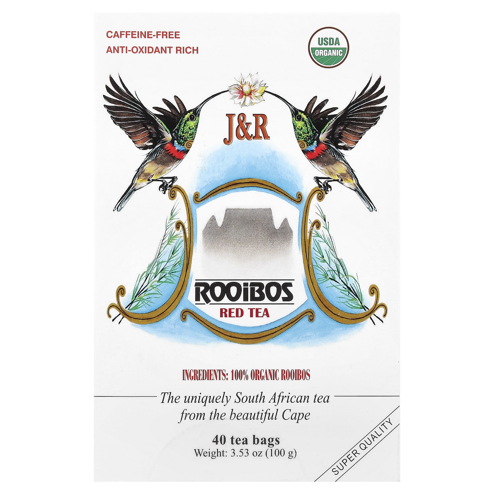 J-R Port Trading Pure Rooibos Red Tea Настоящий красный чай ройбуш без кофеина 40 чайных пакетиков 100 г 353 унции 1990₽