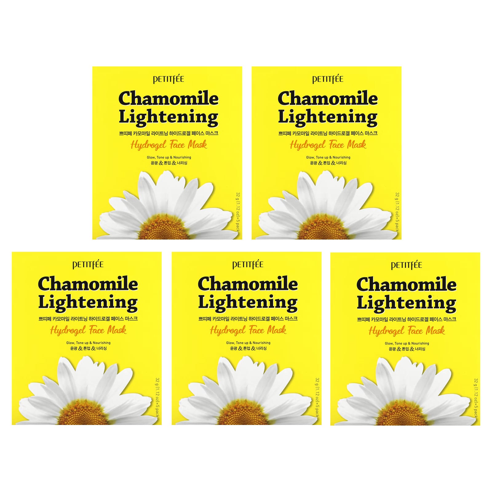 Petitfee, Chamomile Lightening, гидрогелевые маски для лица, 5 шт. по 32 г (1,12 унции)