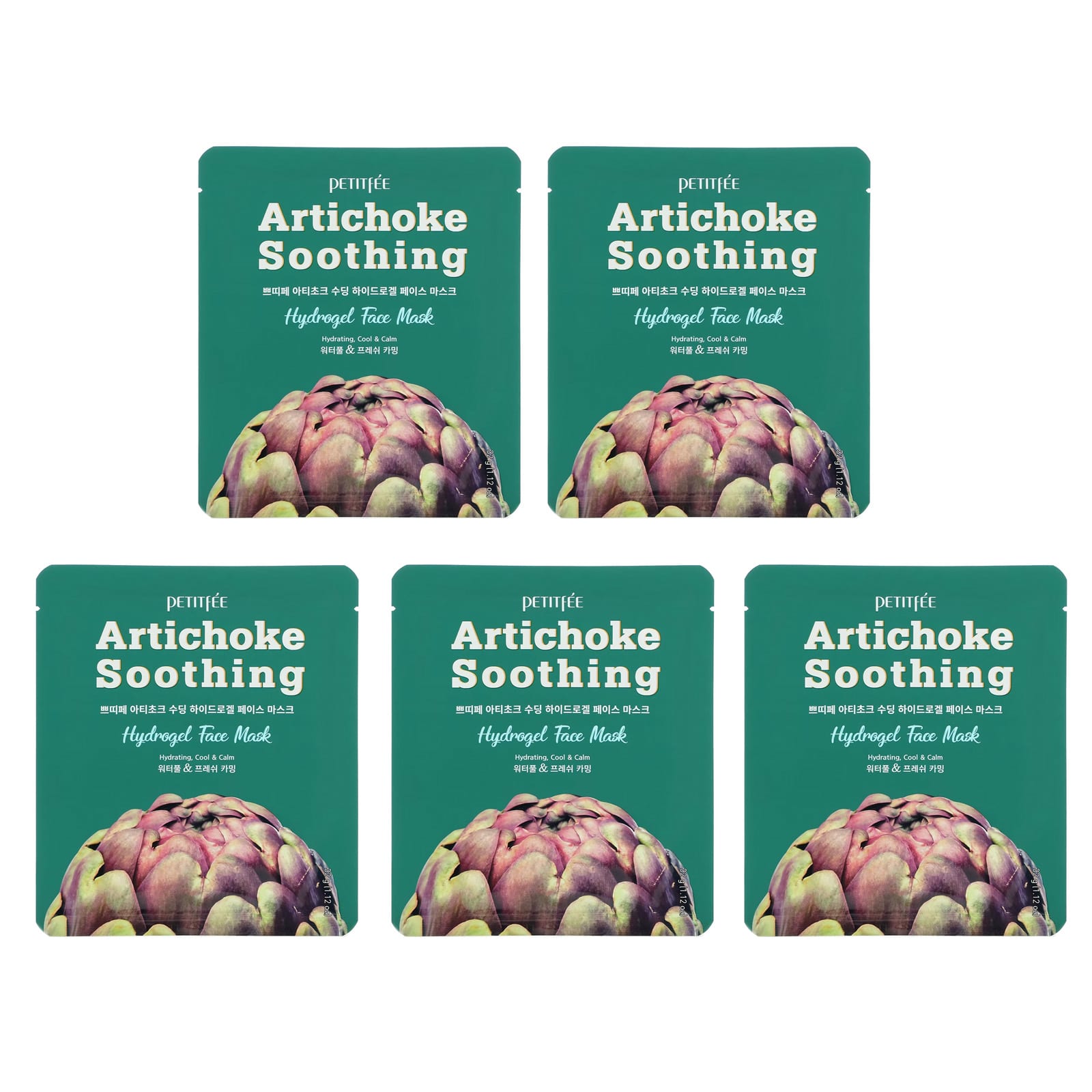 Petitfee, Artichoke Soothing, успокаивающая гидрогелевая маска для лица с артишоком, 5 шт., по 32 г (1,12 унции)