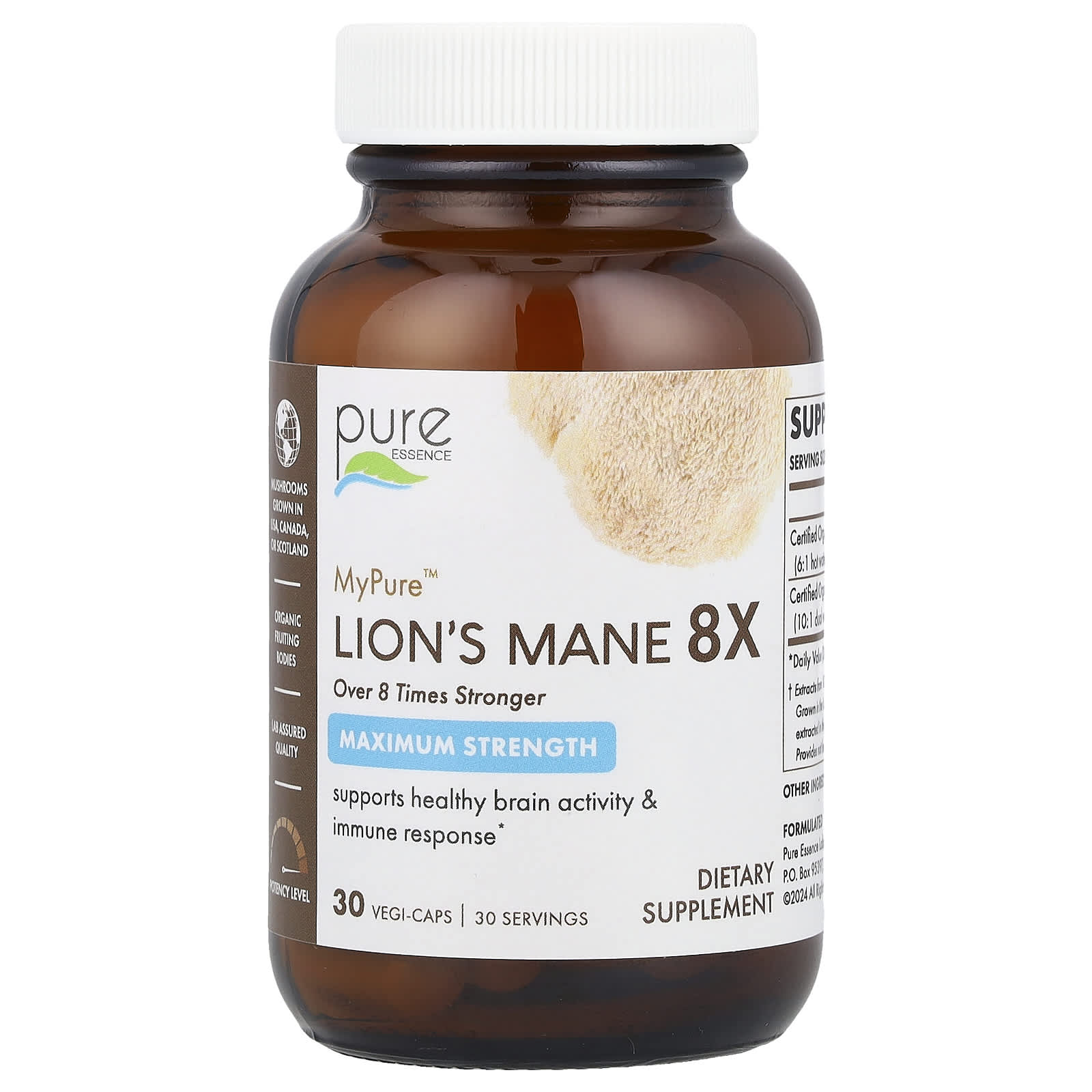 Pure Essence, MyPure ™, Lion's Mane 8X, максимальная сила действия, 30 растительных капсул