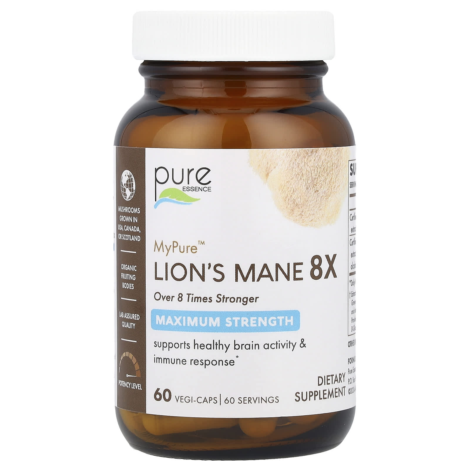 Pure Essence, MyPure ™, Lion's Mane 8X, максимальная сила действия, 60 растительных капсул