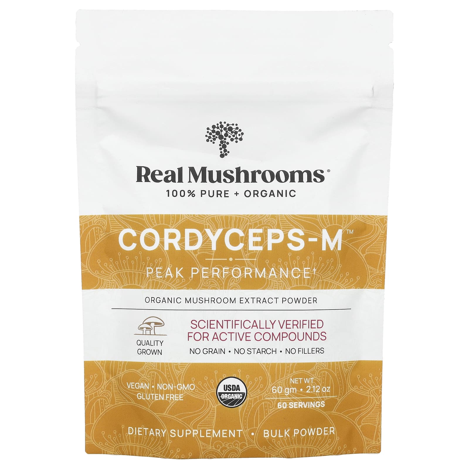 Real Mushrooms, Cordyceps-M ™, порошок экстракта органических грибов, 60 г (2,12 унции)