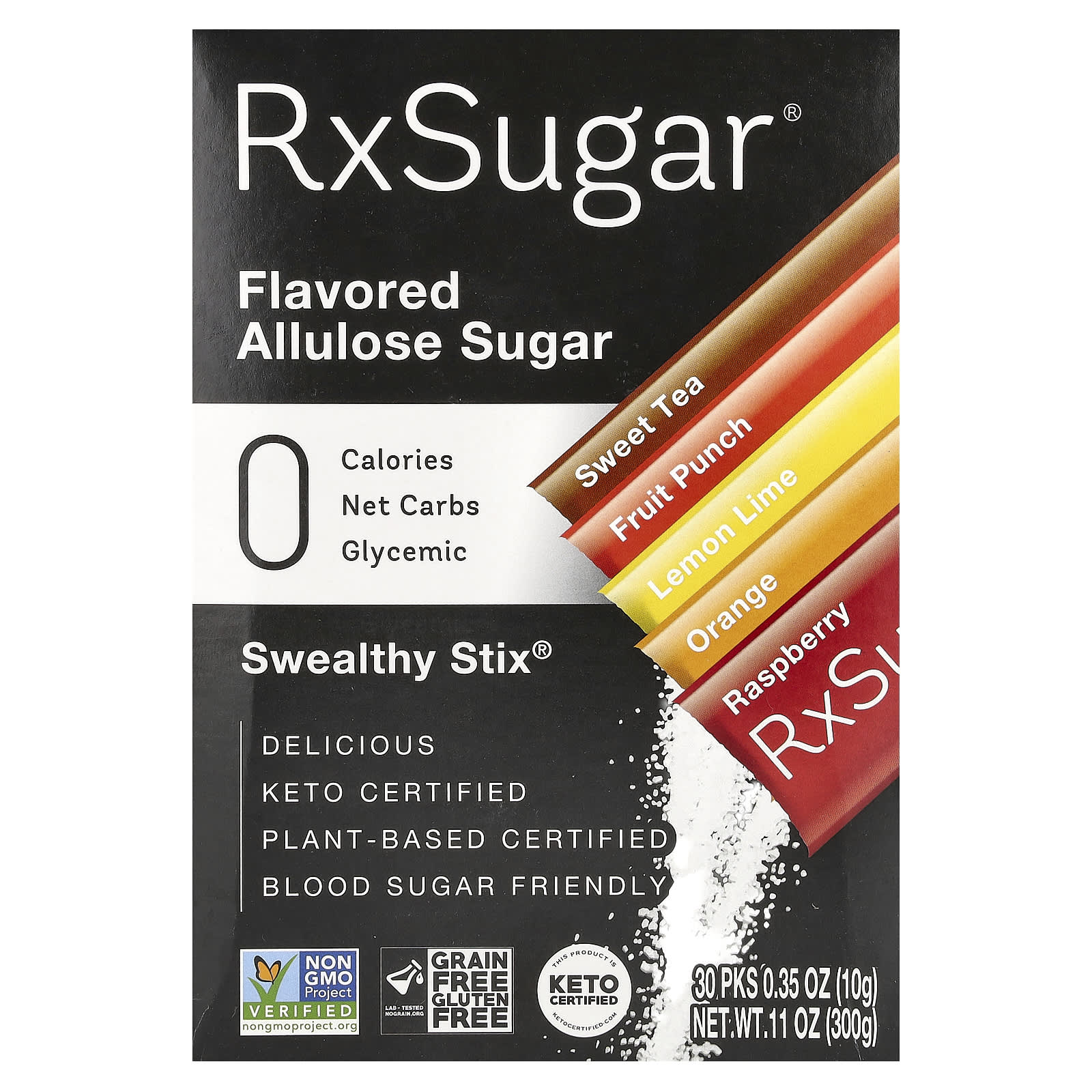 RxSugar, Swealthy Stix, ароматизированный аллюлозный сахар, сладкий чай, фруктовый пунш, лимон и лайм, апельсин, малина, 30 пакетиков по 10 г (0,35 унции)