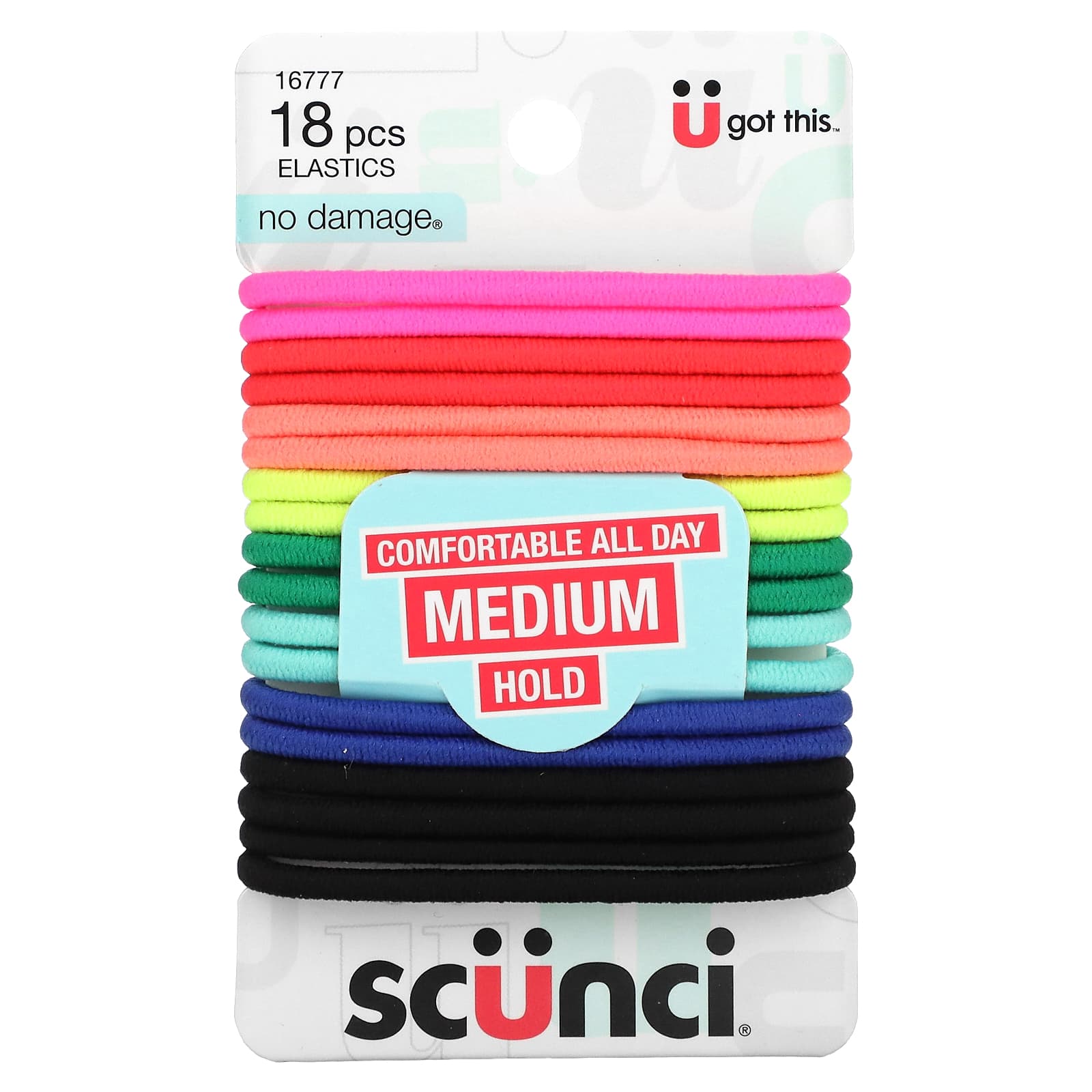 Scunci, Резинки для волос No Damage, удобные, удерживают волосы весь день (средняя фиксация), яркие, 18 штук