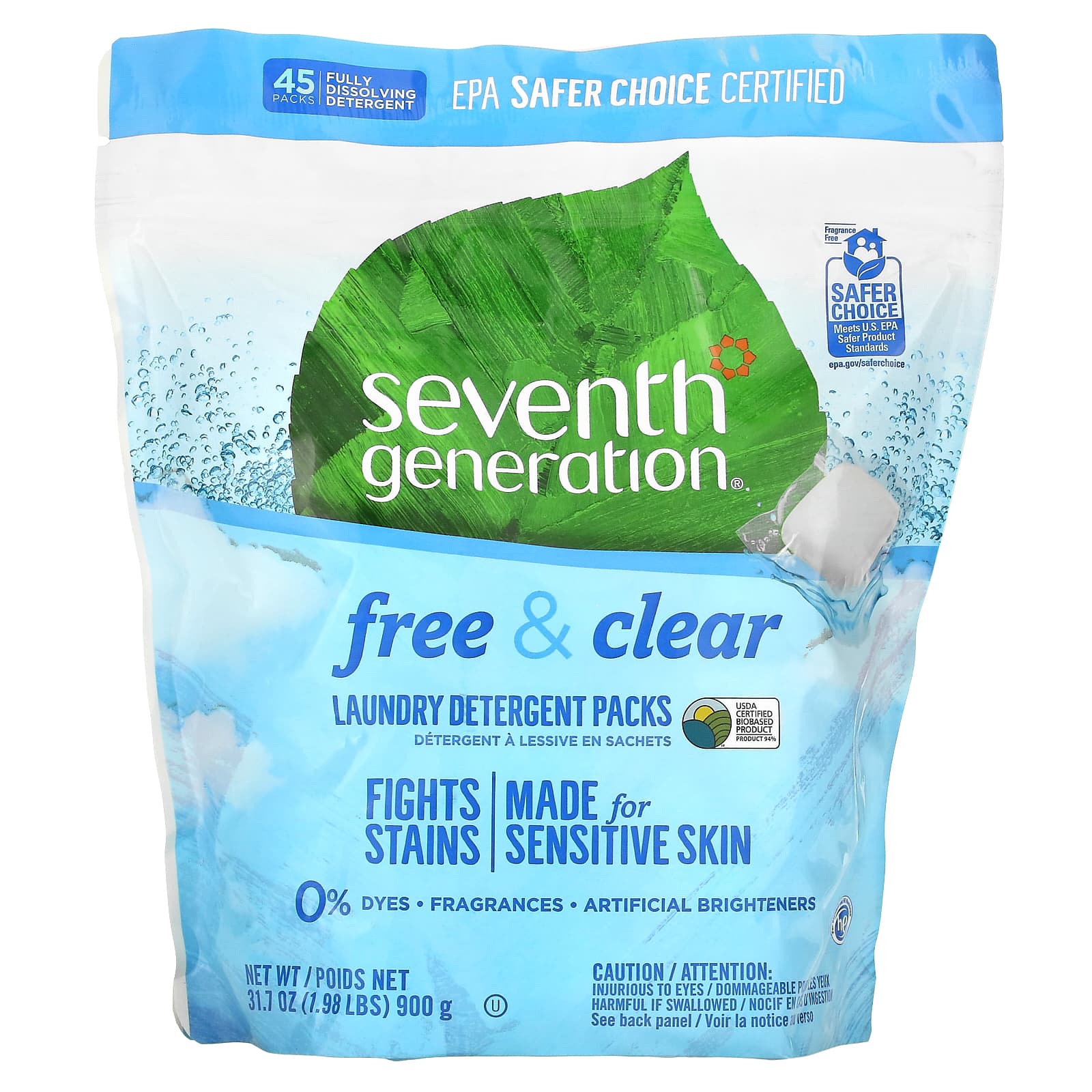 Seventh Generation, Пакеты с моющим средством для стирки, бесплатные и прозрачные, 45 упаковок, 31,7 унции (1,98 фунта)