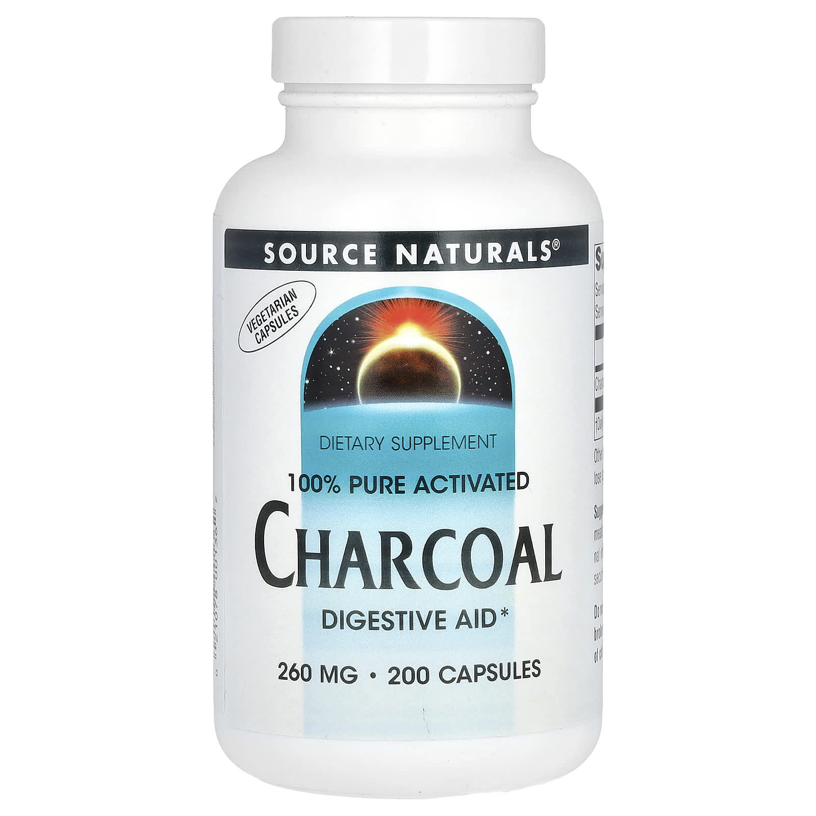 Source Naturals, 100% чистый активированный уголь, 520 мг, 200 капсул (260 мг на капсулу)