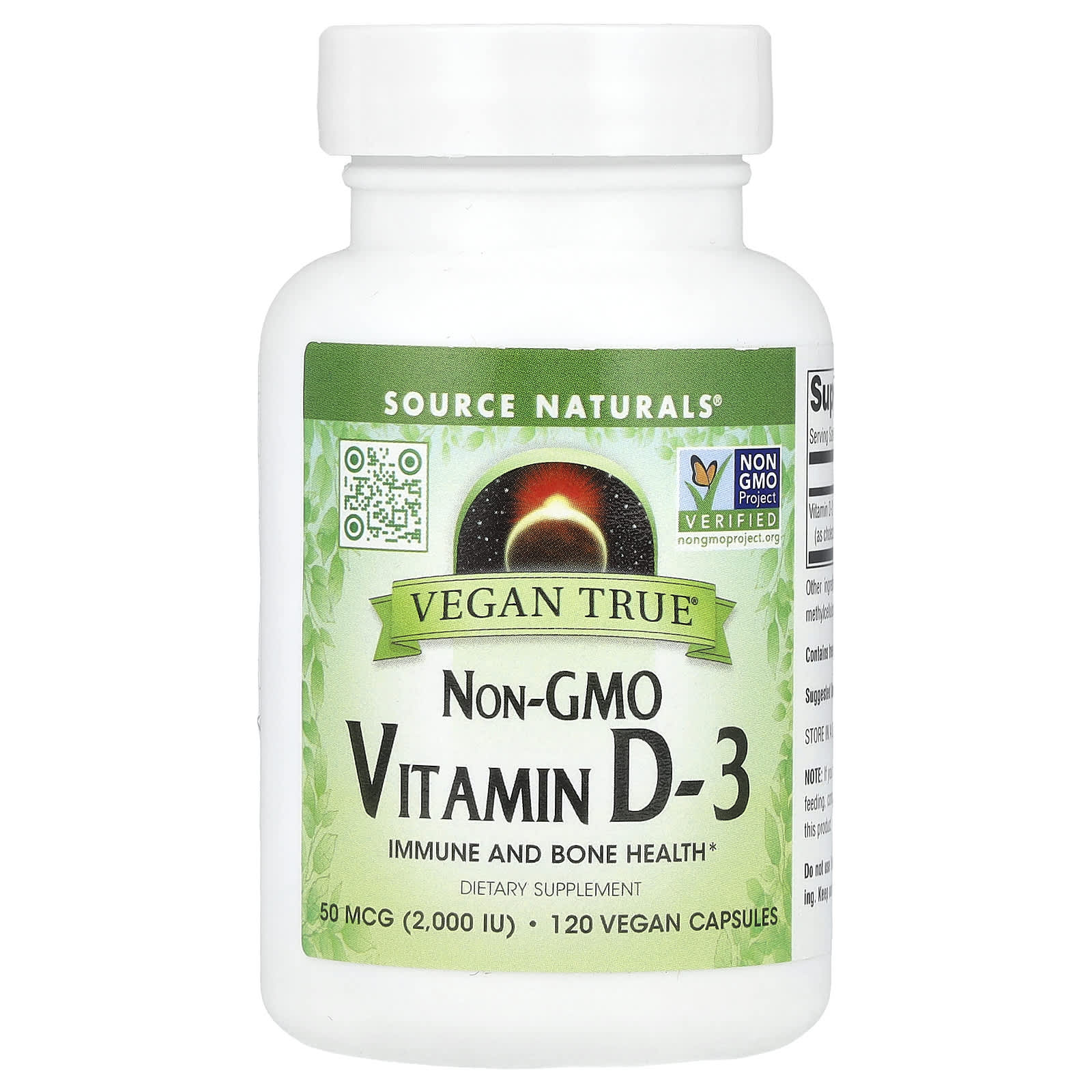 Source Naturals, Vegan True®, витамин D3 без ГМО, 50 мкг (2000 МЕ), 120 веганских капсул