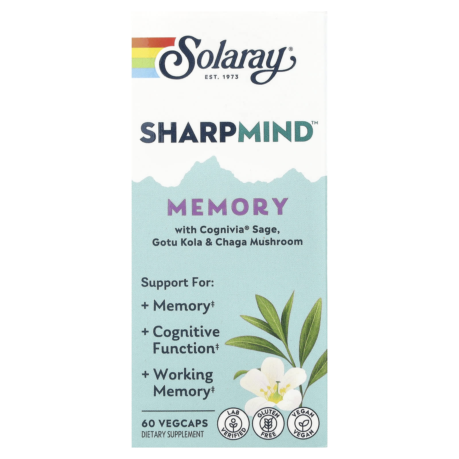 Solaray, Sharpmind ™ Memory с шалфеем Cognivia®, готу кола и грибами чага, 60 вегетарианских капсул