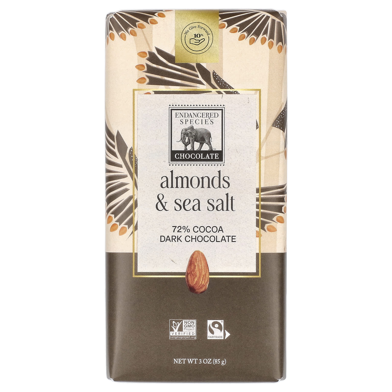 Endangered Species Chocolate, черный шоколад с миндалем и морской солью, 72% какао, 85 г (3 унции)